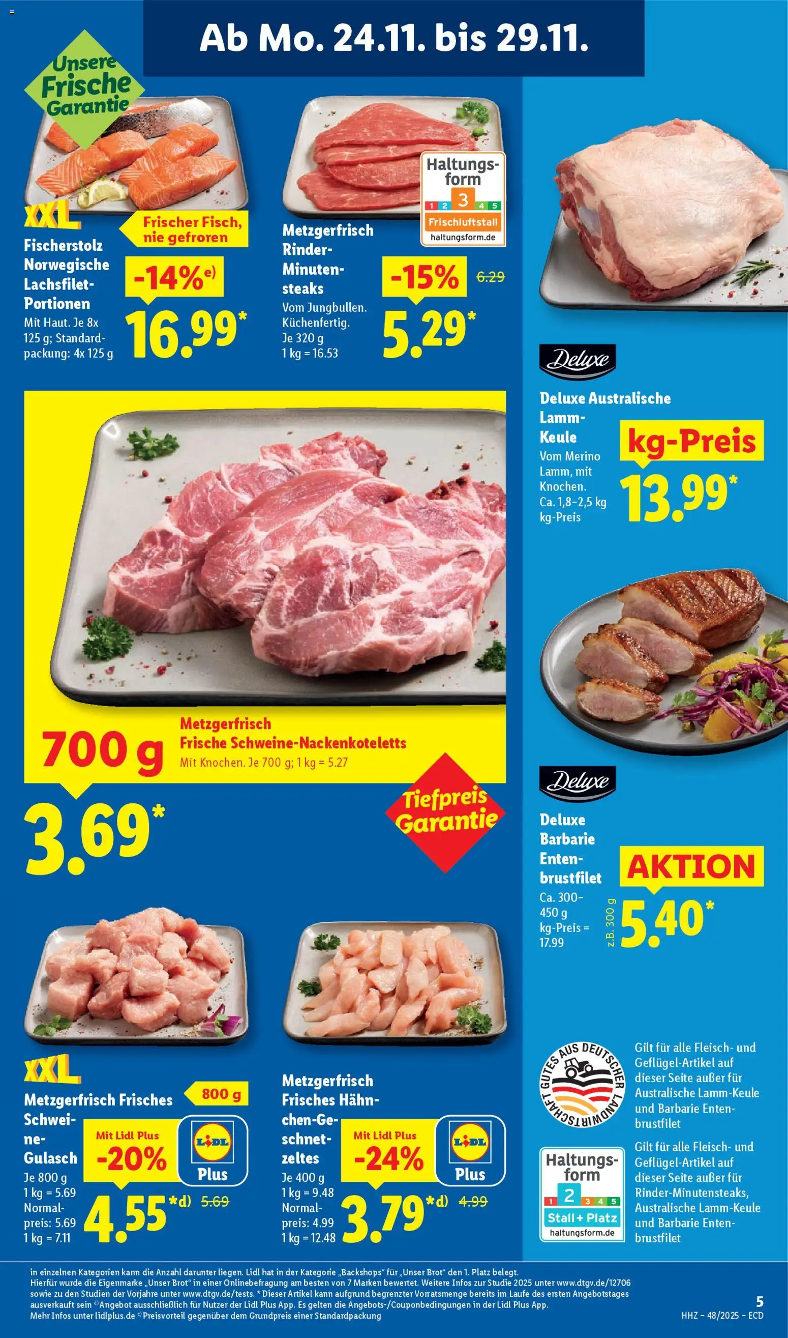 Lidl - Prospekt – gültig ab 24.11.2025 | Seite: 5 | Produkte: Lammkeule, Gulasch, Brot, Fleisch