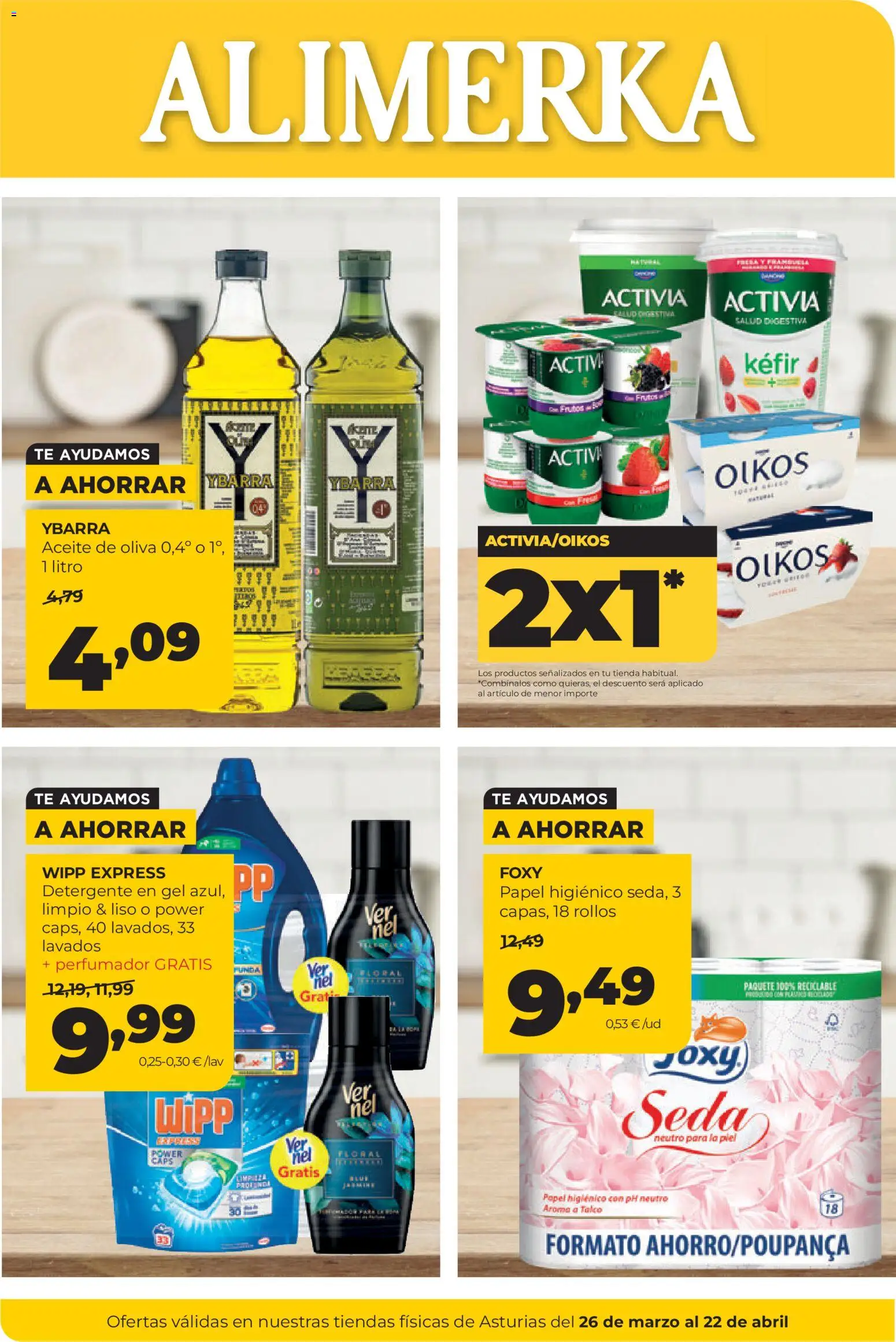 Alimerka folleto Asturias │ válido desde el 26.03.2026 | Página: 1 | Productos: Aceite, Papel higienico, Té, Aceite de oliva