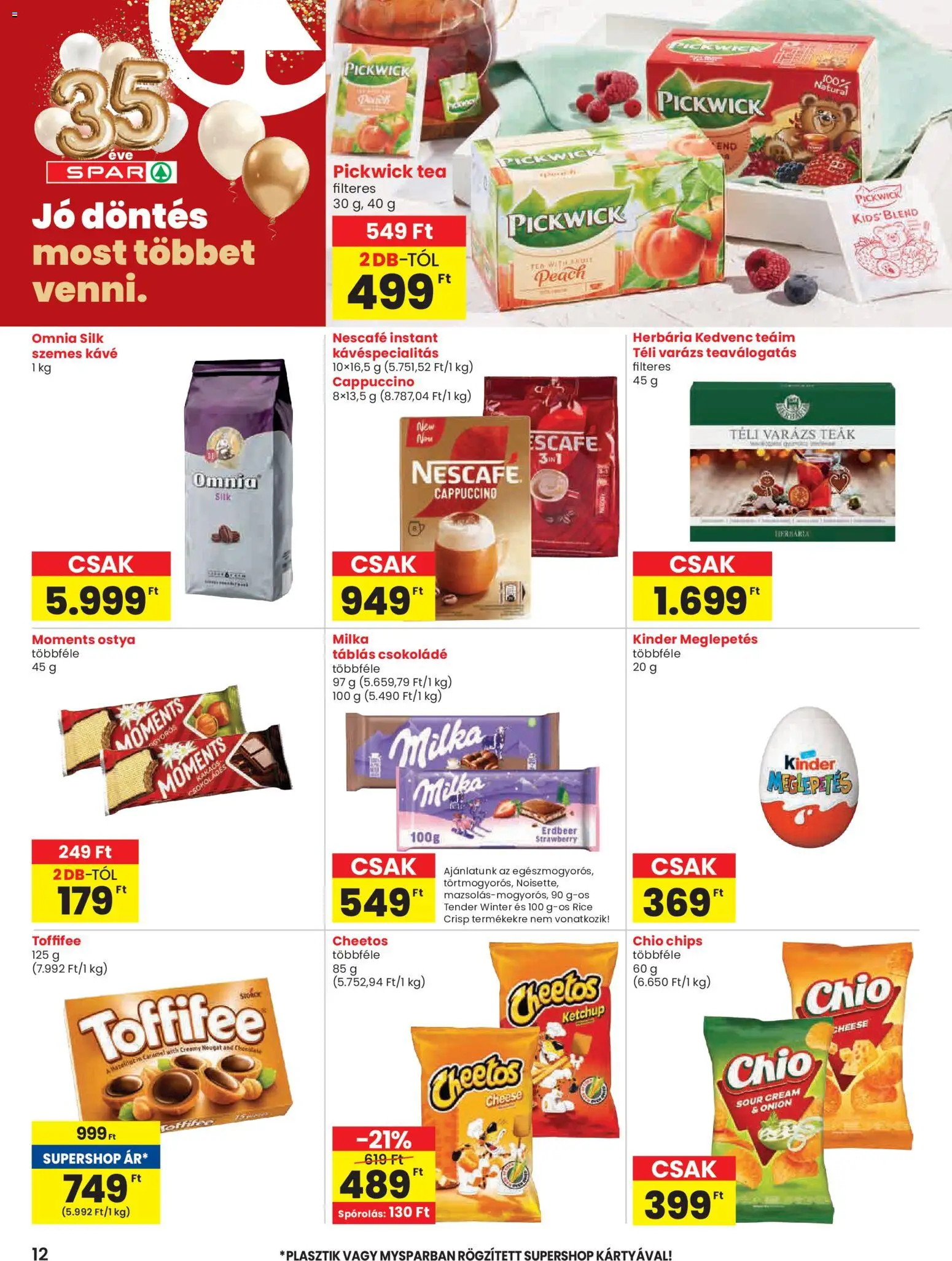 Spar akciós ujság - amely érvényes a következő dátumtól: 08.01.2026 | Oldal: 12 | Termékek: Chips, Cappuccino, Tea, Szemes kávé