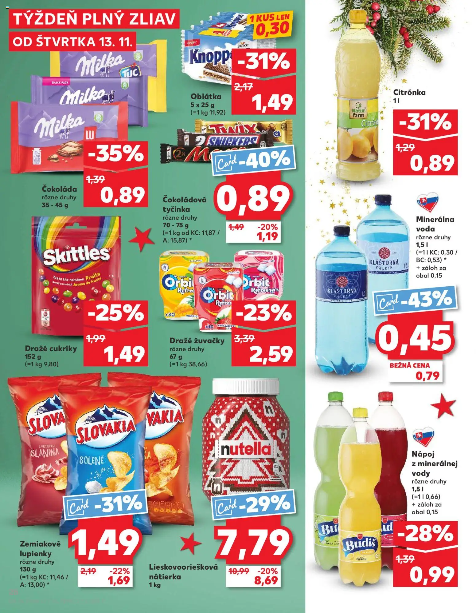 Nové Kaufland akcie – leták je platný od 13.11.2025 | Strana: 28 | Produkty: Budiš, Milka, Minerálna voda, Nutella