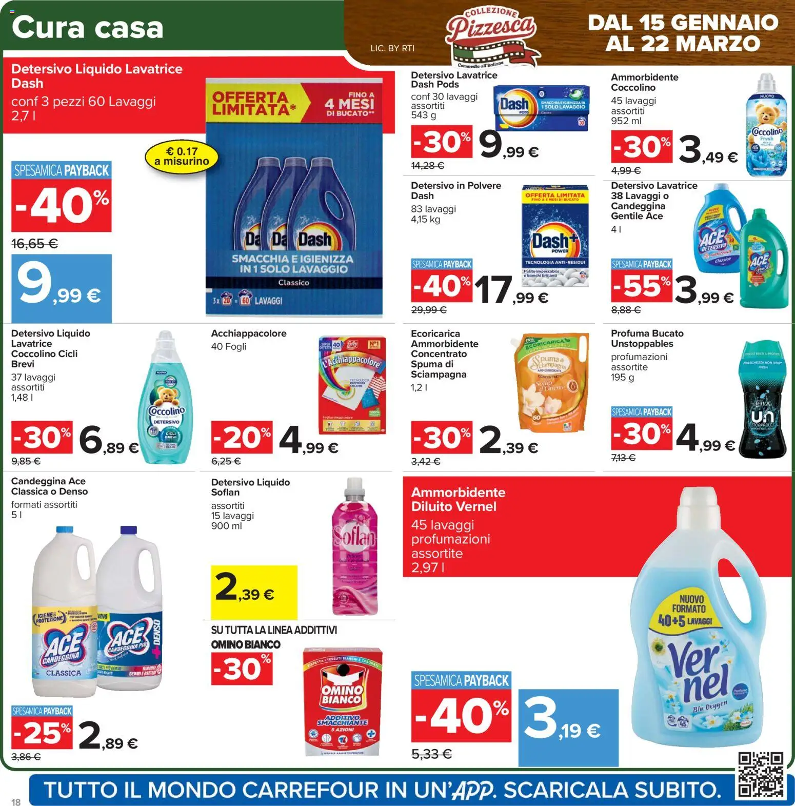 Volantino Carrefour del 17.02.2026 | Pagina: 18 | Prodotti: Detersivo in polvere, Ammorbidente, Candeggina, Lavatrice