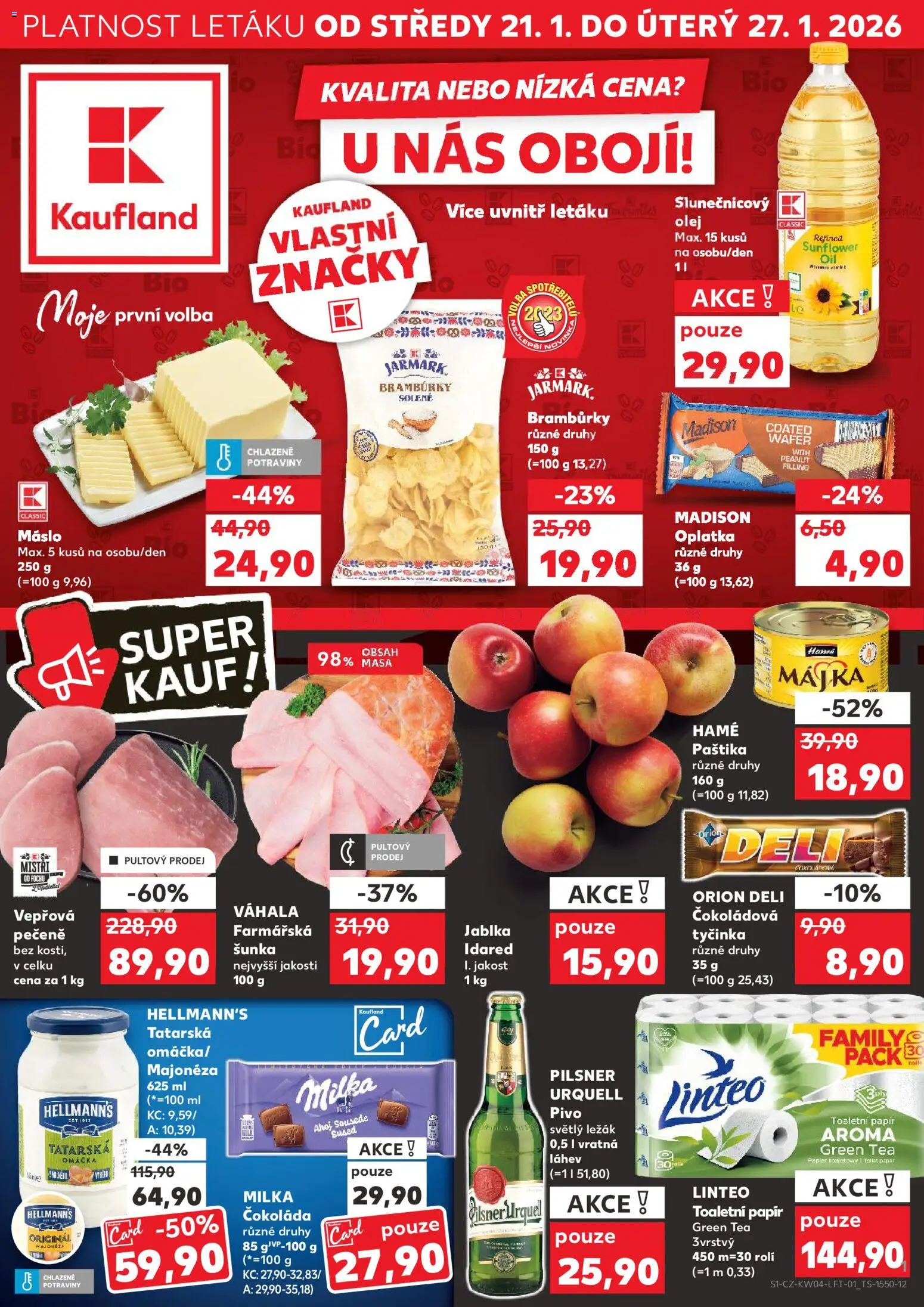 Kaufland leták od 21.01.2026 | Strana: 1 | Produkty: Pivo, Toaletní papír, Majonéza, Potraviny