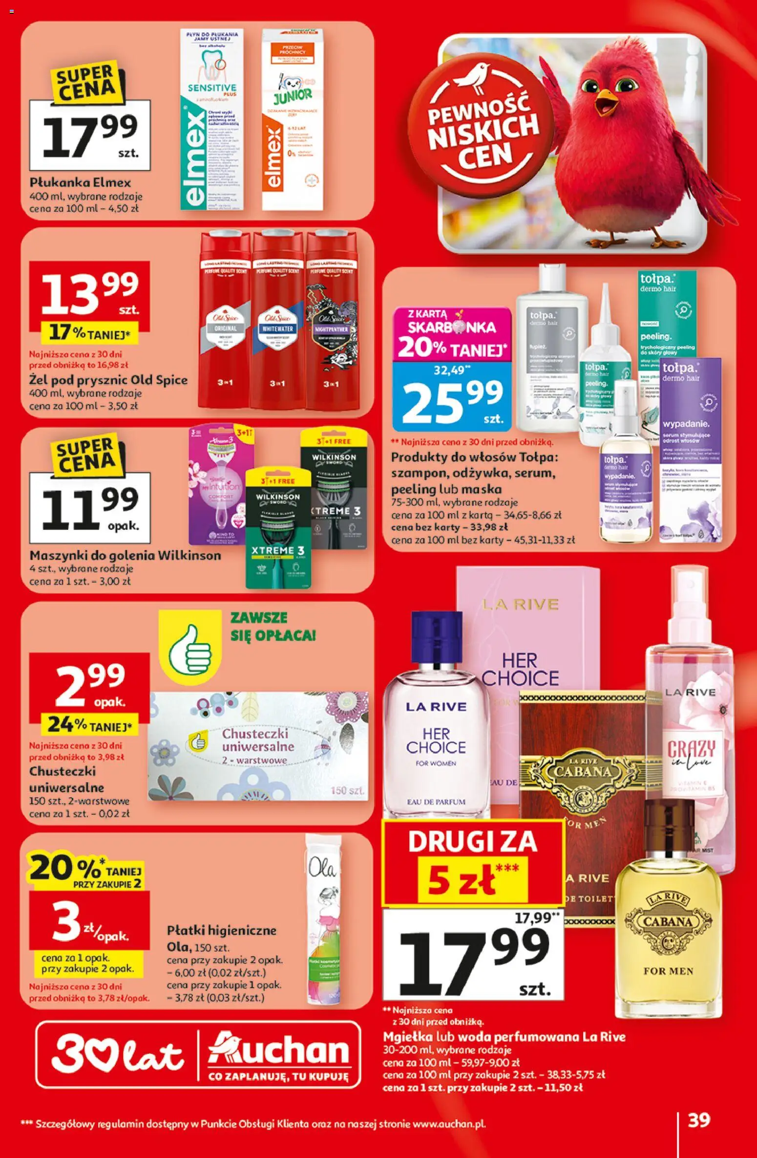 Auchan gazetka - 30 Lat Hipermarket od 29.04.2026 | Strona: 39 | Produkty: Prysznic, Maszynki do golenia, Peeling, Płyn do płukania jamy ustnej