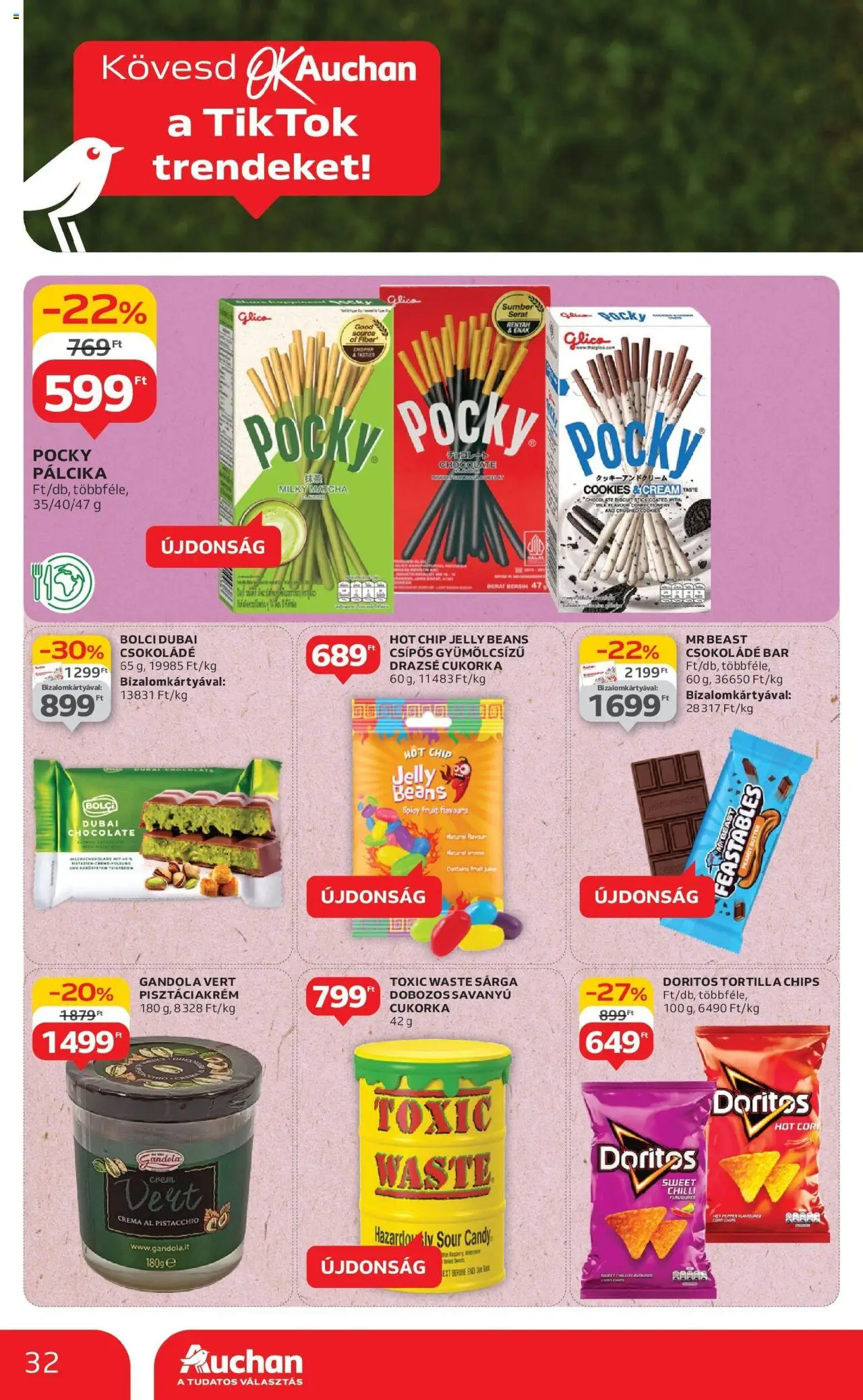 Auchan akciós ujság - amely érvényes a következő dátumtól: 12.06.2025 | Oldal: 32 | Termékek: Chips, Tortilla, Drazsé, Csokoládé