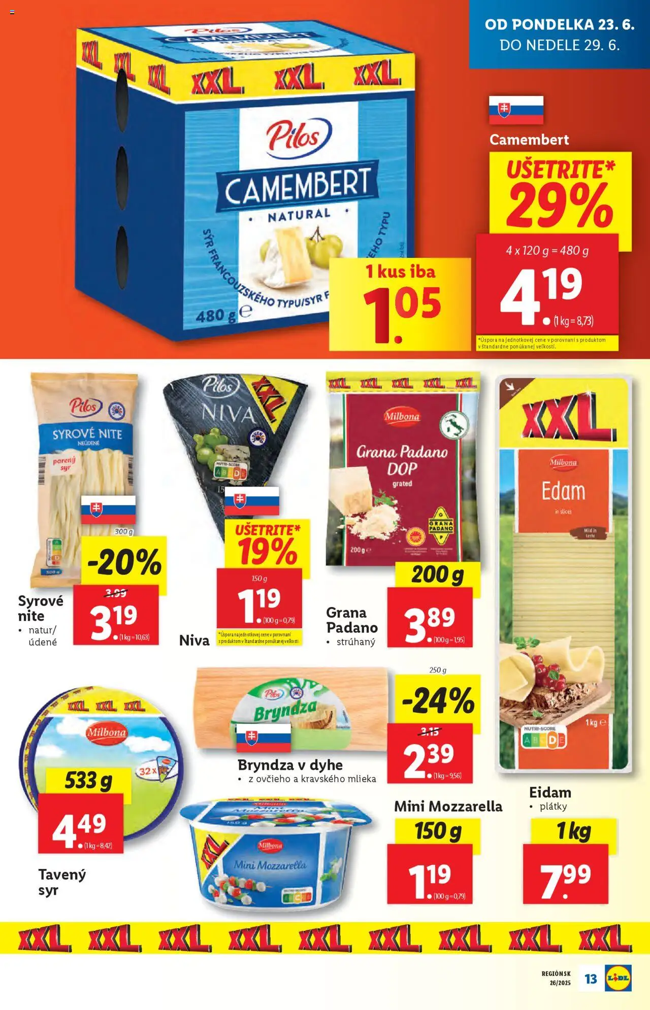 Lidl leták │ platný od 23.06.2025 | Strana: 19 | Produkty: Syr, Eidam, Mozzarella, Bryndza