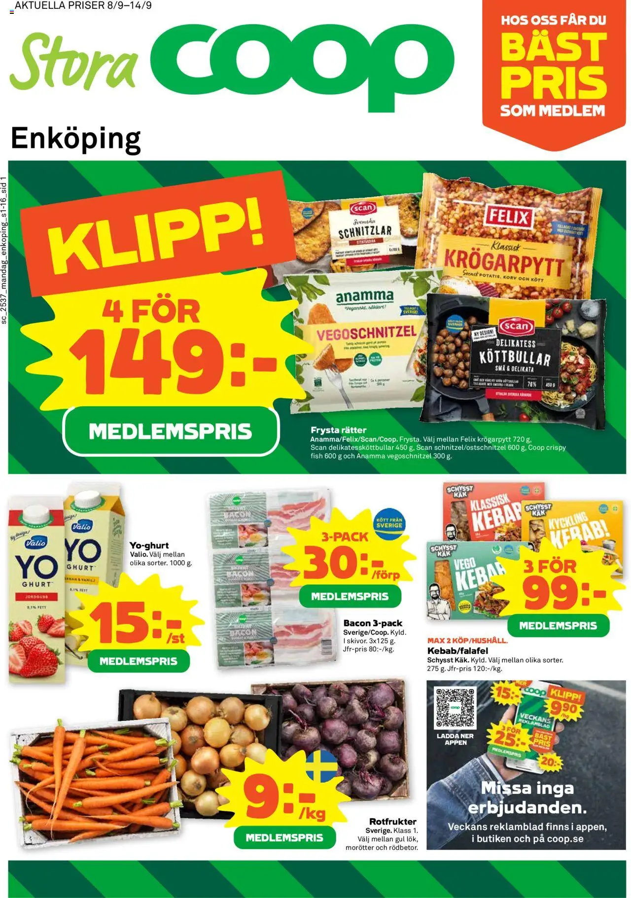 Stora Coop reklamblad aktuell från 08.09.2025 | Sida: 1 | Produkter: Köttbullar, Bacon, Yoghurt