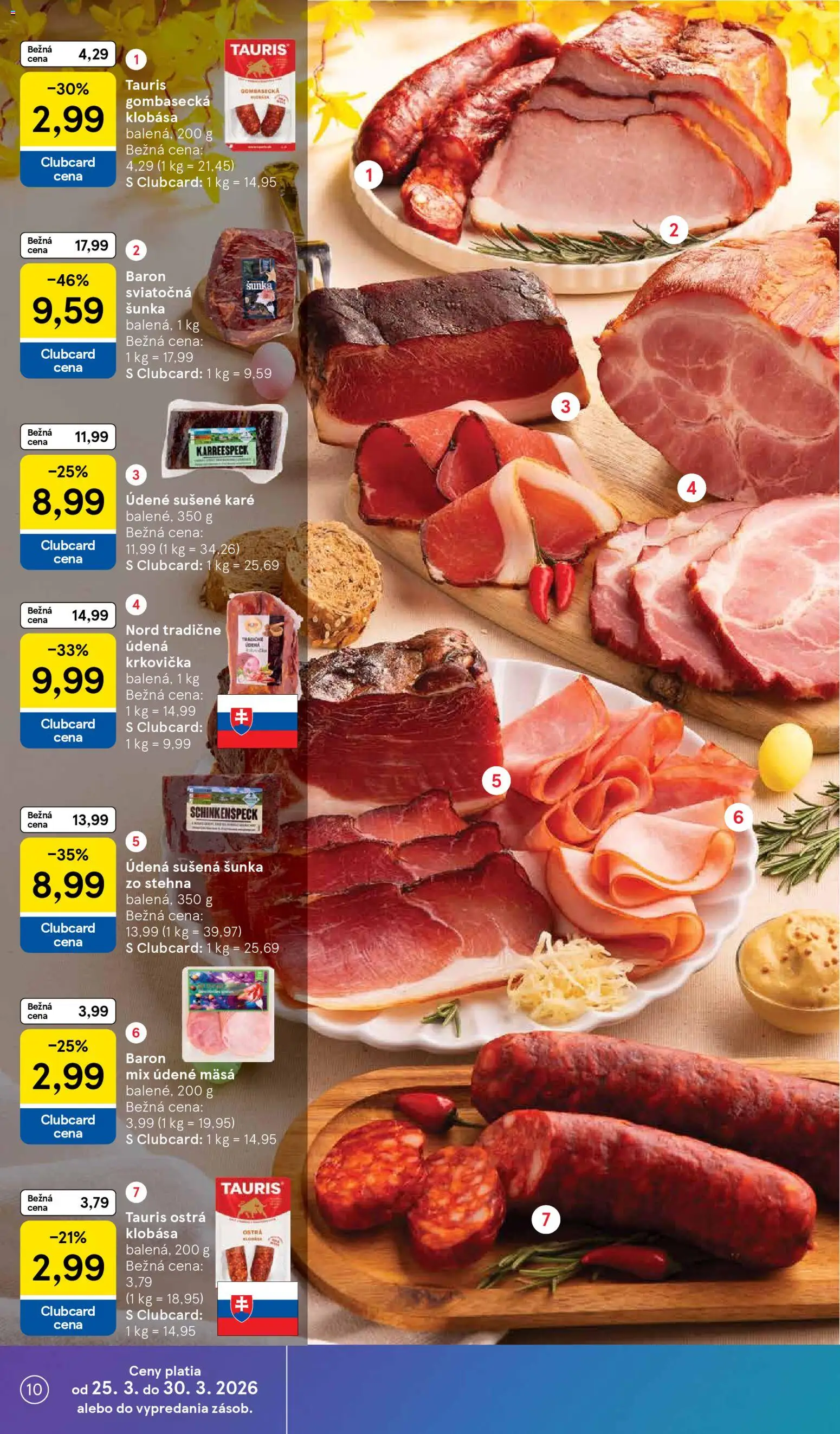 Nové Tesco akcie – leták je platný od 25.03.2026 | Strana: 10 | Produkty: Šunka, Klobása, Krkovička