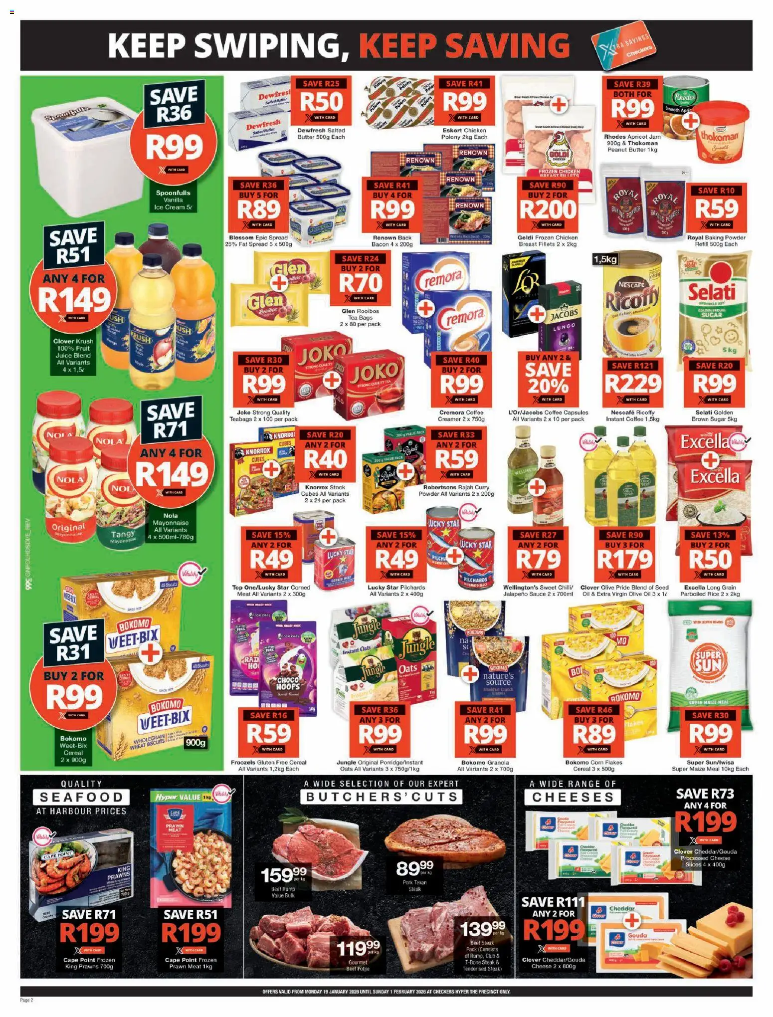 New Checkers catalogue – valid from 19.01.2026 | Page: 2 | Products: Maize meal, Juice, Tea, Baking powder