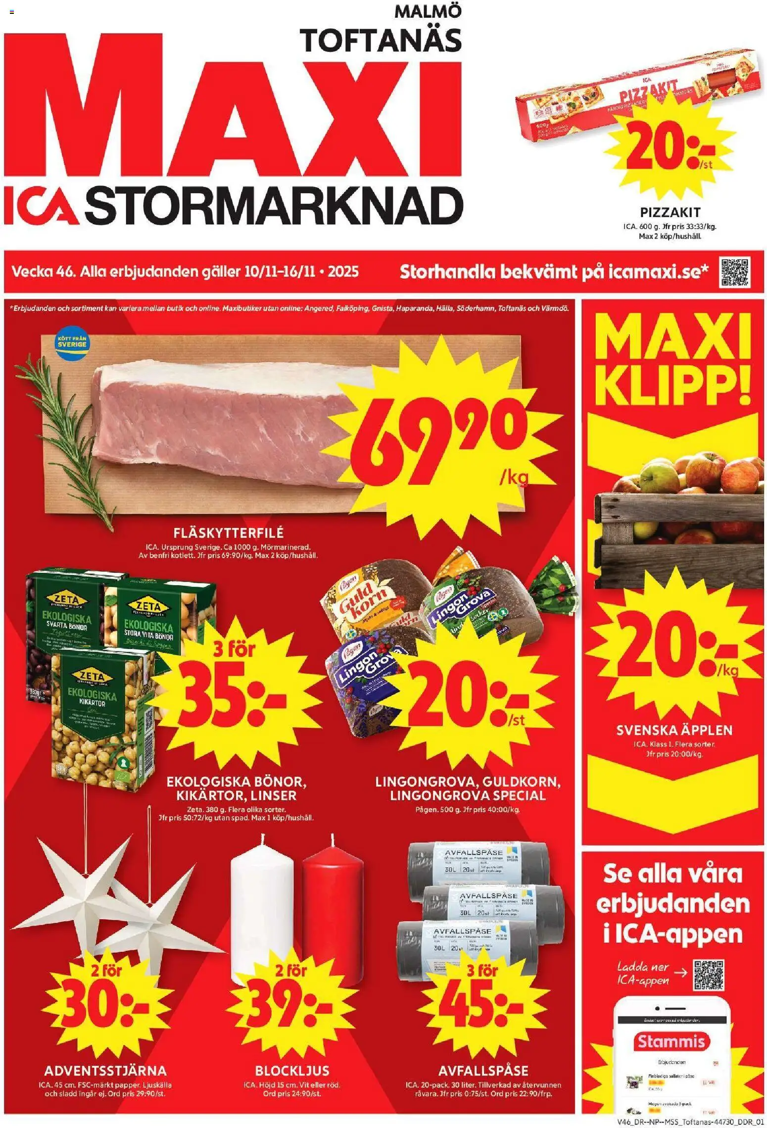 ICA Maxi reklamblad aktuell från 10.11.2025 | Sida: 1 | Produkter: Svarta bönor, Sladd, Pizzakit, Ljuskälla