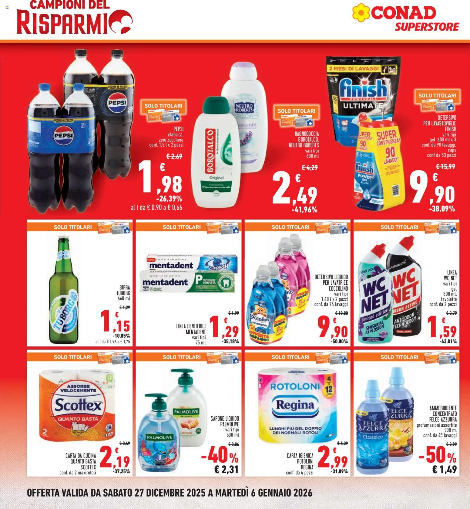 Volantino Conad del 27.12.2025 | Pagina: 4 | Prodotti: Sapone, Birra, Detersivo per lavastoviglie, Zucchero