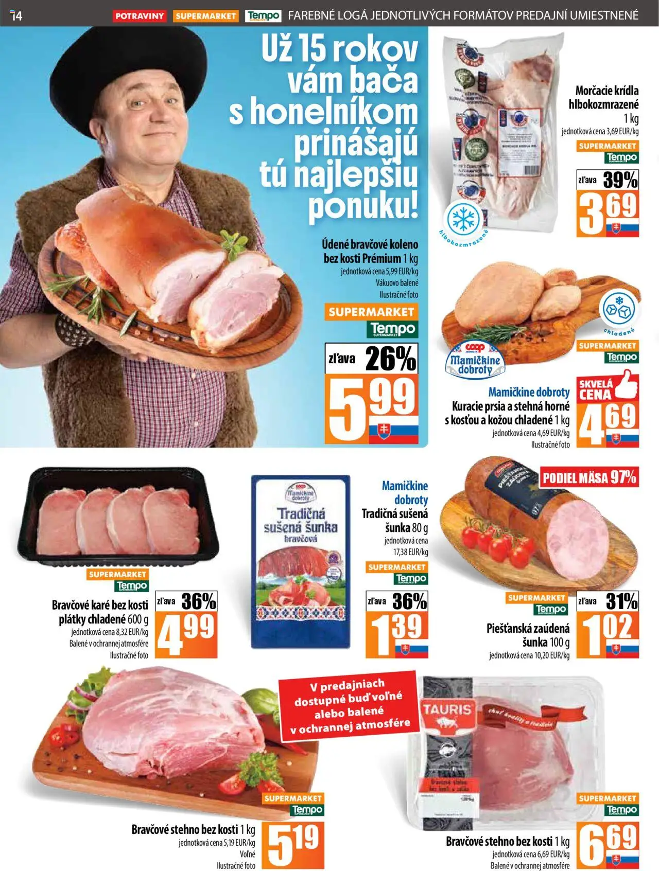 Nové COOP Jednota akcie – leták je platný od 11.09.2025 | Strana: 14 | Produkty: Bravčové koleno, Bravčové stehno, Kuracie prsia, Bravčové karé