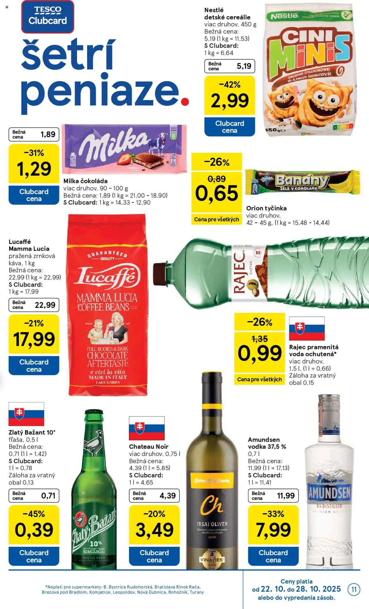 Nové Tesco akcie – leták je platný od 22.10.2025 | Strana: 11 | Produkty: Zlatý Bažant, Cereálie, Vodka, Voda