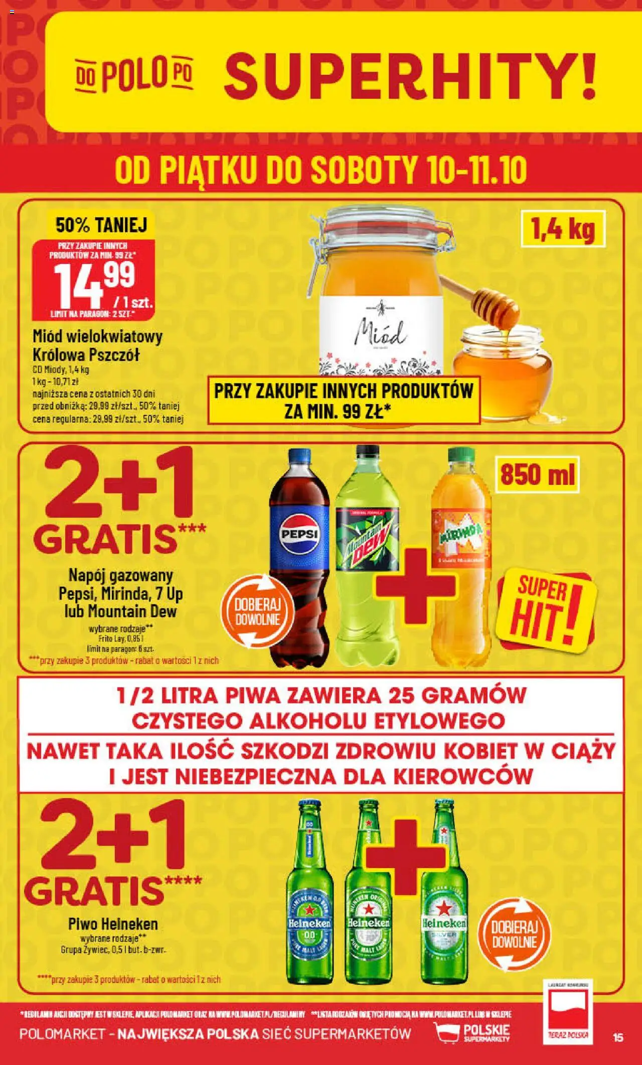 POLOmarket Gazetka od 08.10.2025 | Strona: 15 | Produkty: Miód, Pepsi, Piwo, Heineken