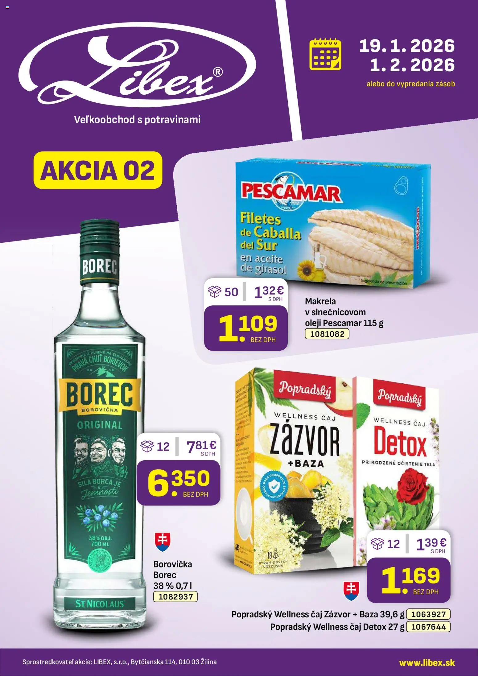 Nové Libex akcie – leták je platný od 19.01.2026 | Strana: 1 | Produkty: Zázvor, Čaj, Borovička