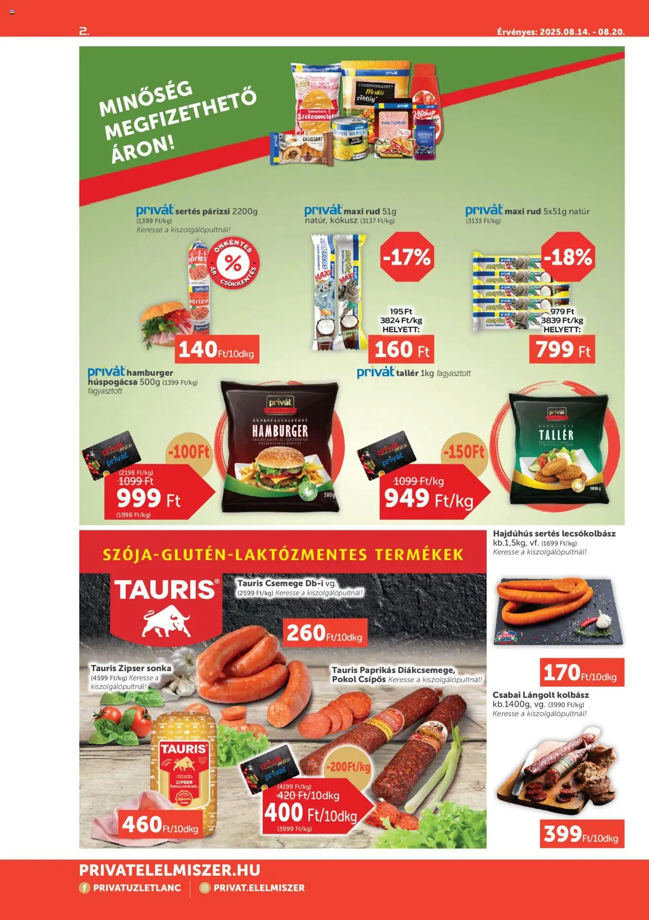 PRIVÁT akciós ujság - amely érvényes a következő dátumtól: 14.08.2025 | Oldal: 2 | Termékek: Croissant, Hamburger, Kokusz, Sonka