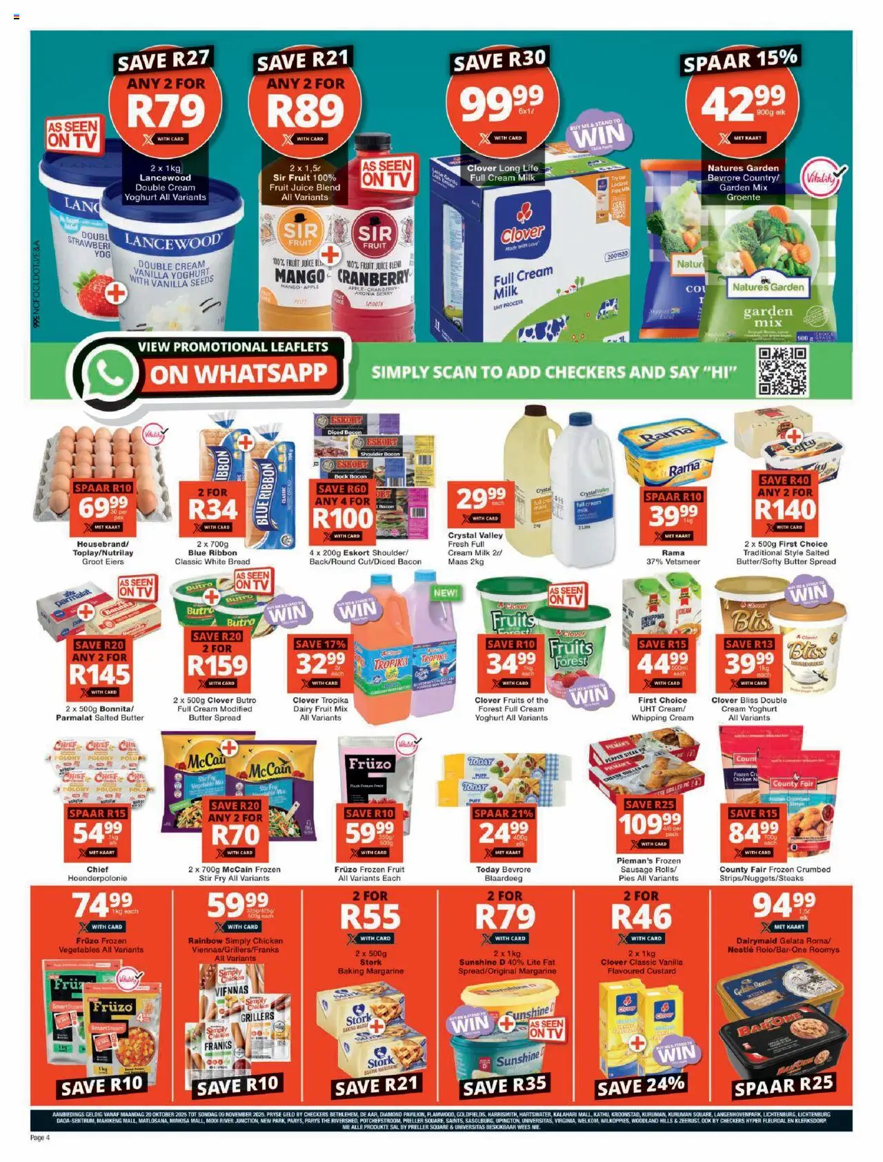 New Checkers catalogue – valid from 20.10.2025 | Page: 4 | Products: Frozen vegetables, Fruit, Pepper, Bacon