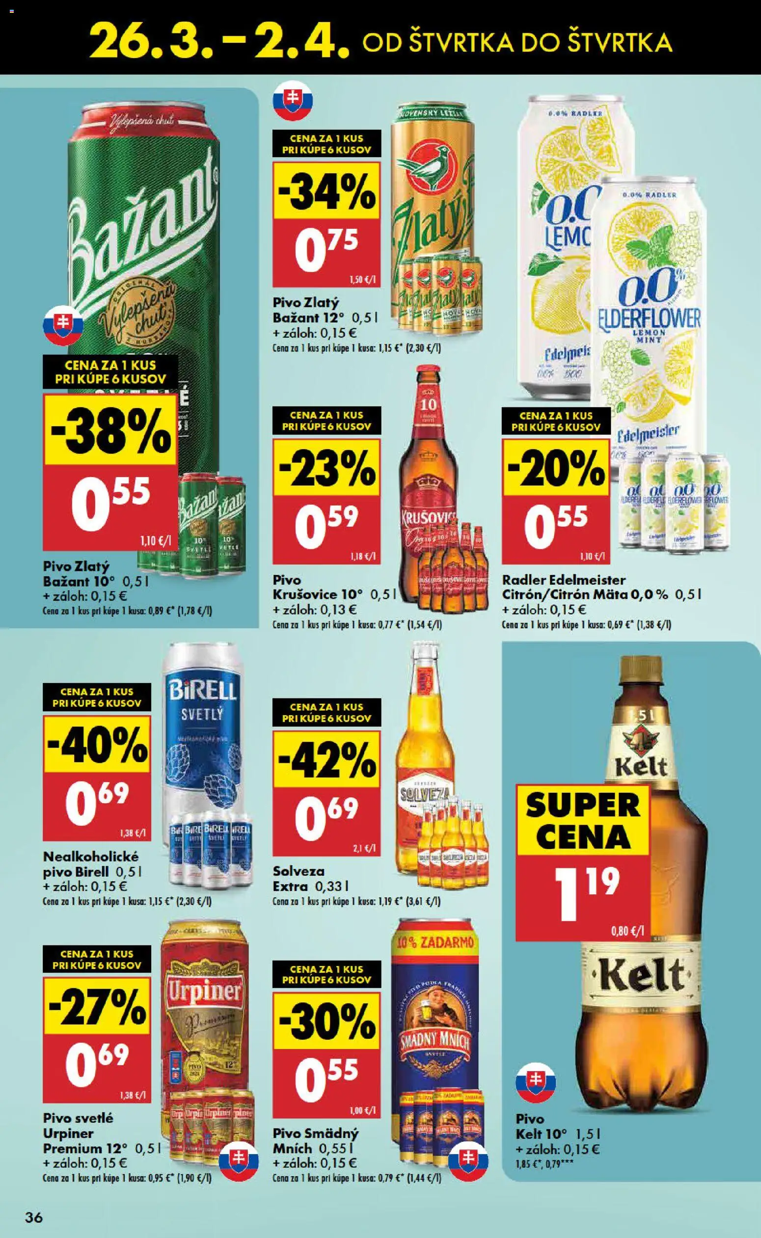 Nové Biedronka akcie – leták je platný od 26.03.2026 | Strana: 36 | Produkty: Pivo, Radler, Krušovice, Smädný Mních