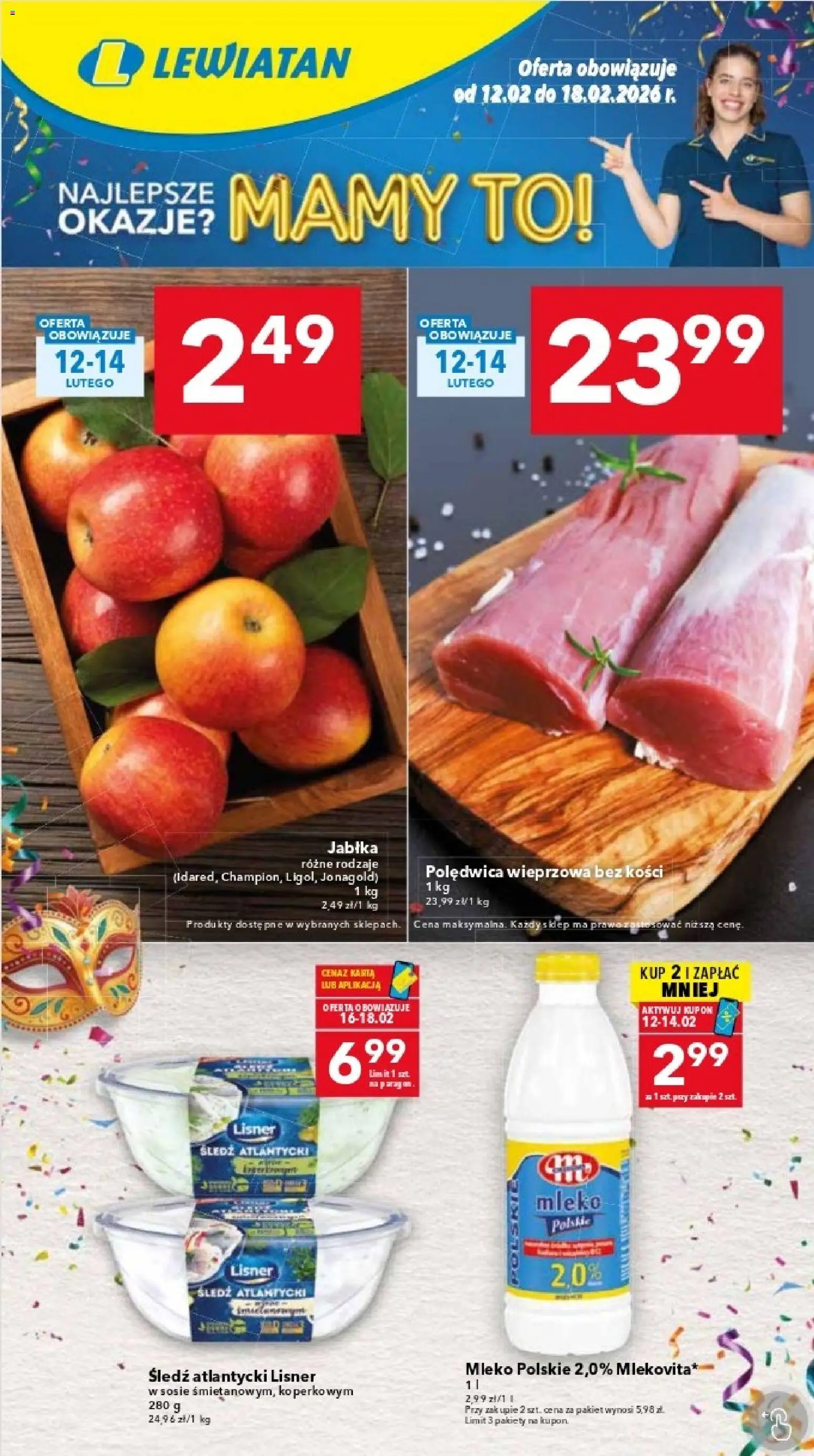 Lewiatan gazetka - Katowice od 12.02.2026 | Strona: 1 | Produkty: Karta, Śledź, Mleko, Jabłka