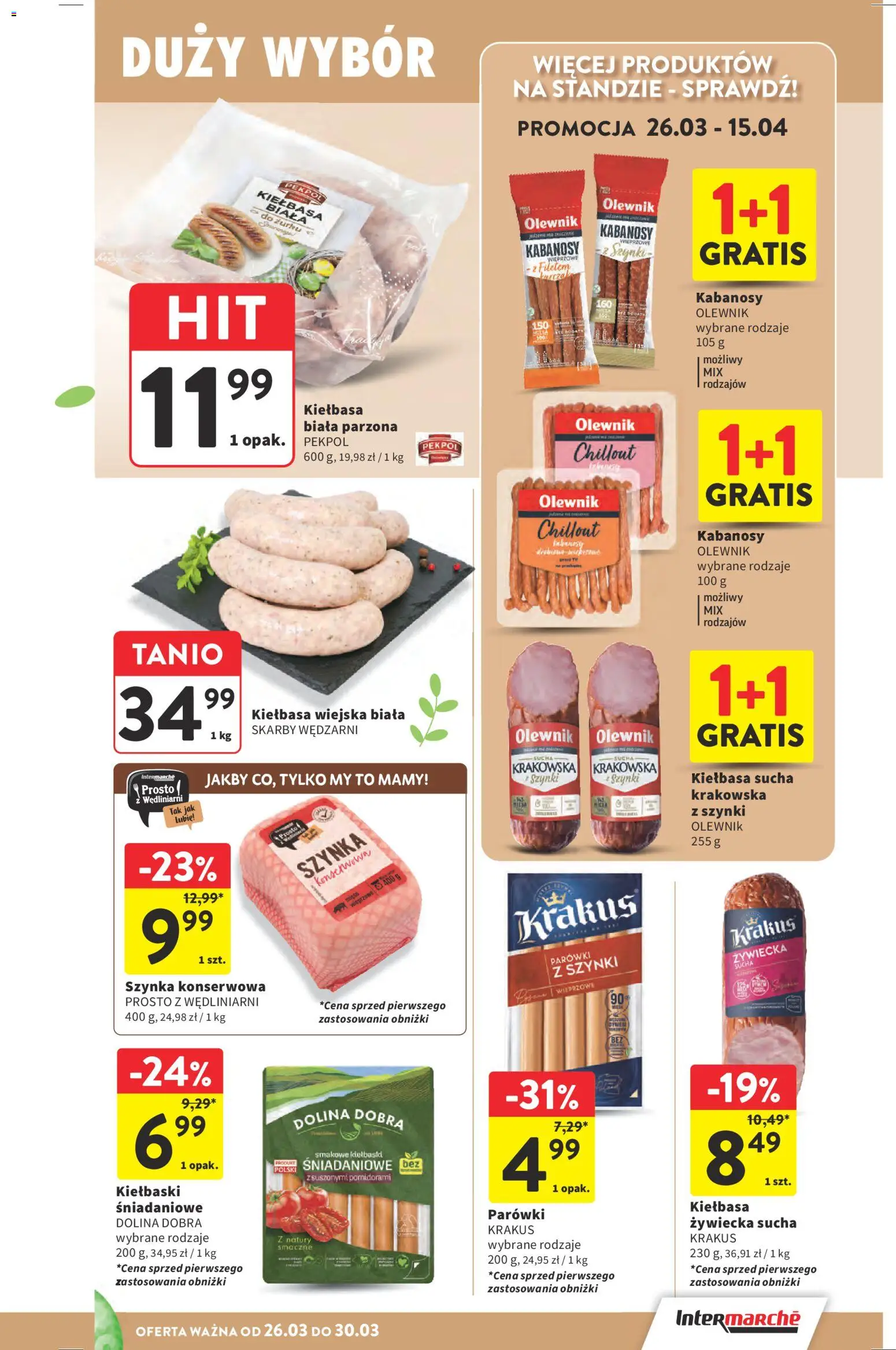 Intermarche gazetka od 26.03.2026 | Strona: 23 | Produkty: Kabanosy, Parówki, Kiełbaski, Szynka