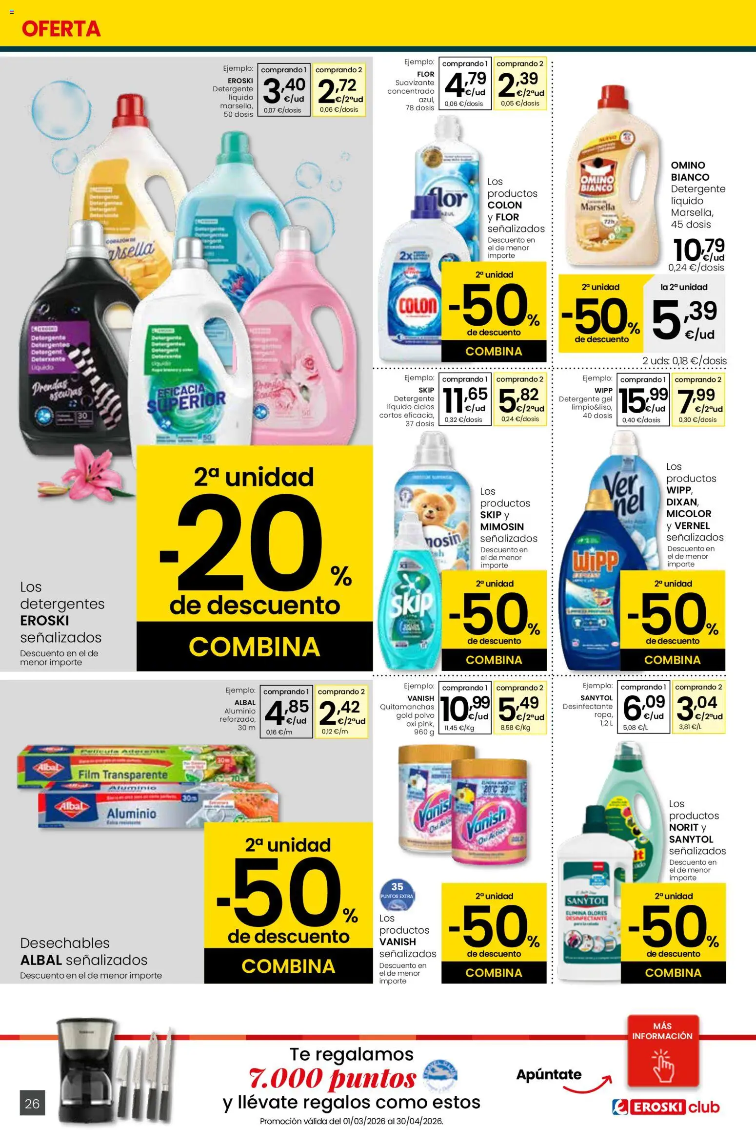 Eroski - Viste tu cesta de primavera Center │ válido desde el 26.02.2026 | Página: 26 | Productos: Polvo, Quitamanchas, Detergente, Suavizante