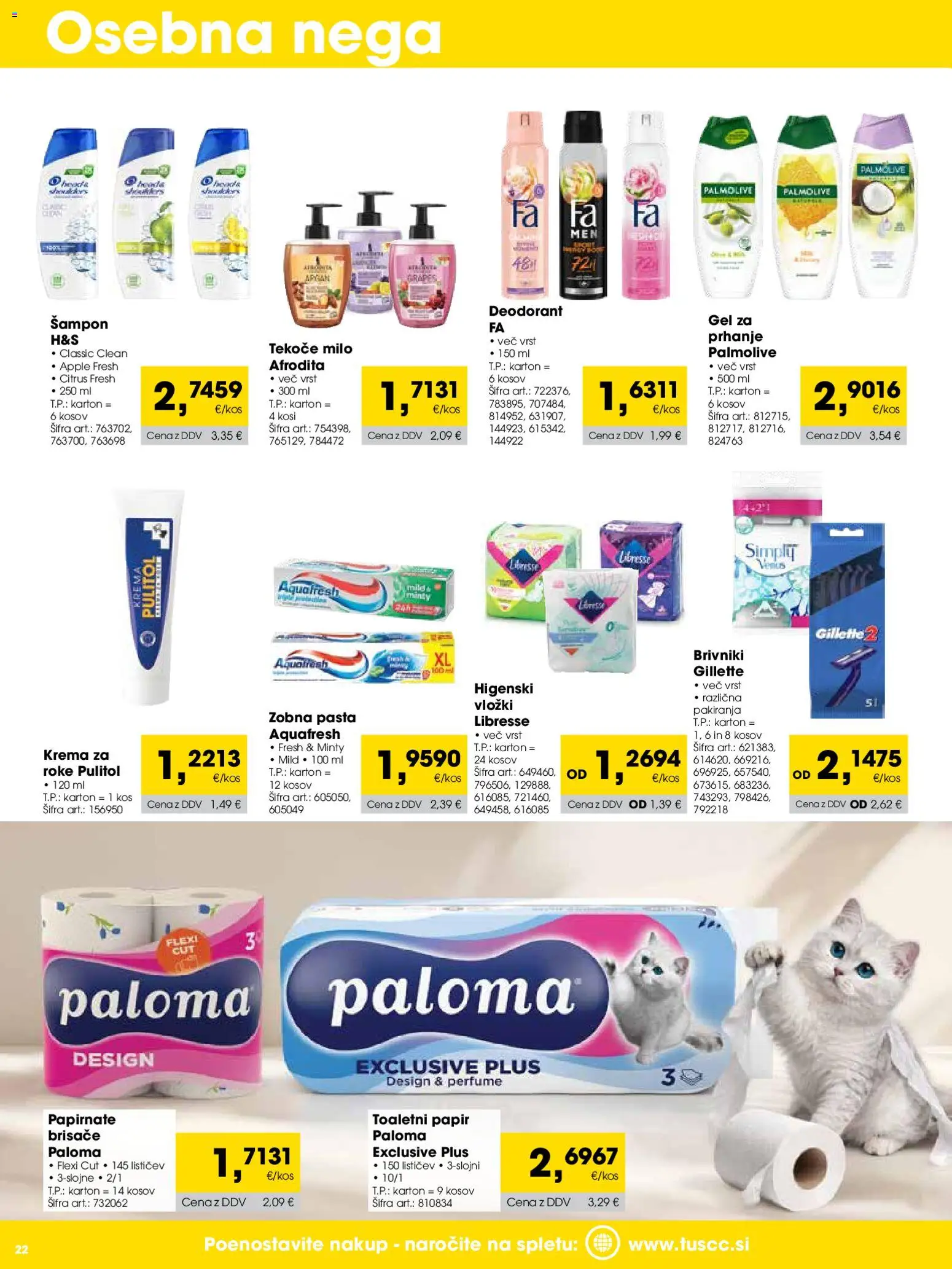 Novi Tuš katalog ponudbe – veljaven od 01.04.2026 | Stran: 22 | Izdelki: Tekoče milo, Vložki, Kos, Krema