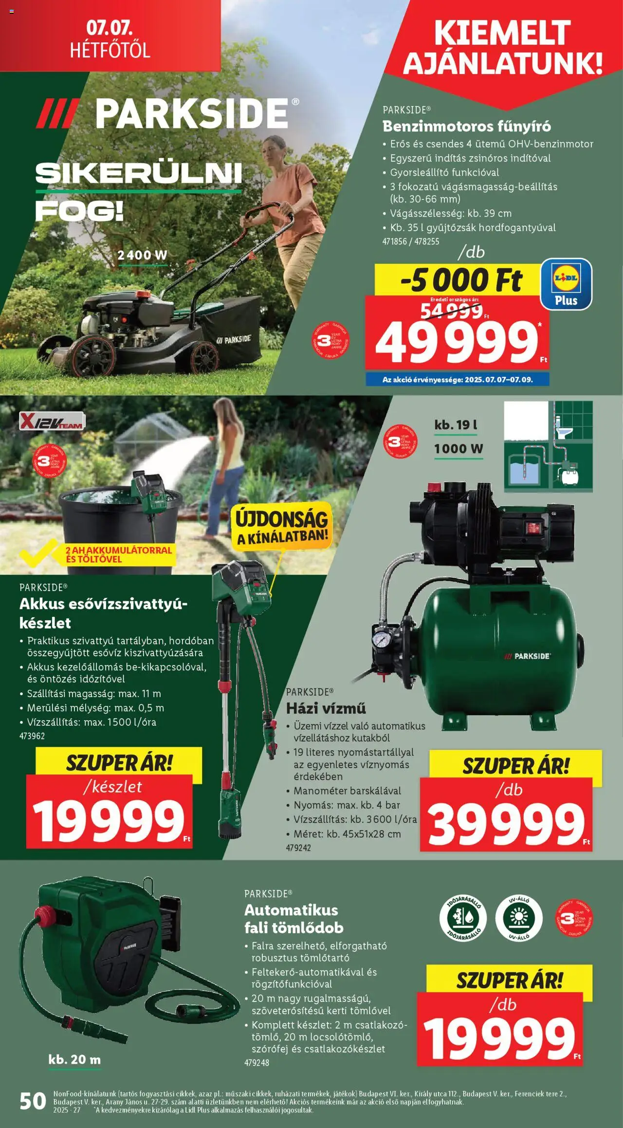 Lidl akciós ujság - amely érvényes a következő dátumtól: 03.07.2025 | Oldal: 50 | Termékek: Parkside, Csatlakozó, Fűnyíró, Szivattyú