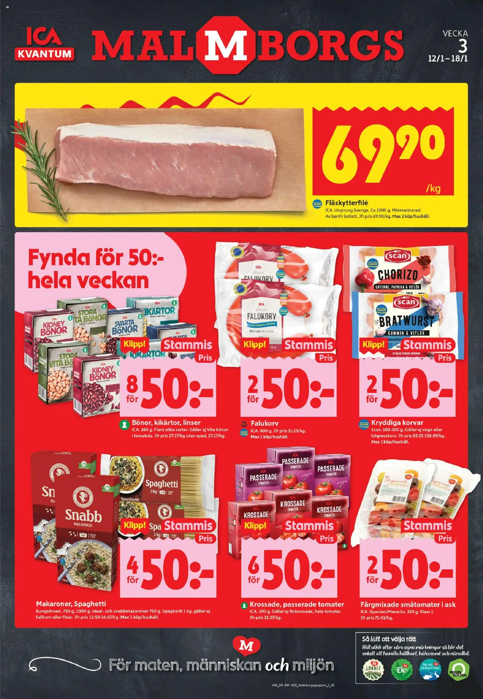 ICA Kvantum reklamblad aktuell från 12.01.2026 | Sida: 1 | Produkter: Falukorv, Makaroner, Spaghetti, Chorizo