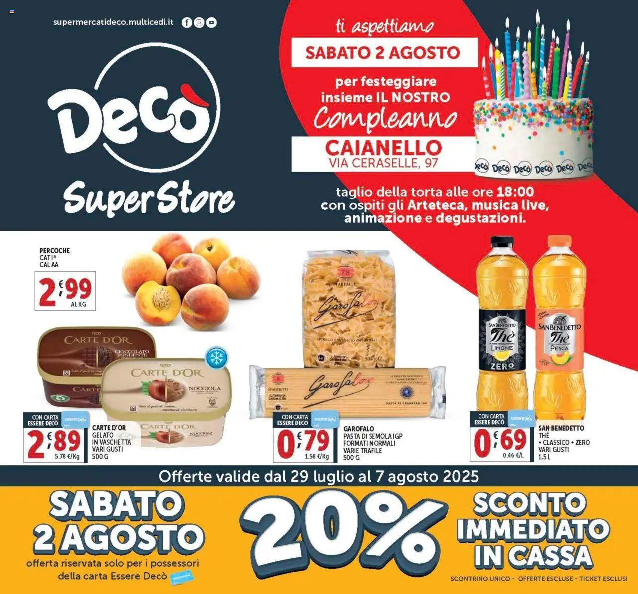 Volantino Decò del 29.07.2025 | Pagina: 1 | Prodotti: Gelato, Pasta, Pesca, Torta