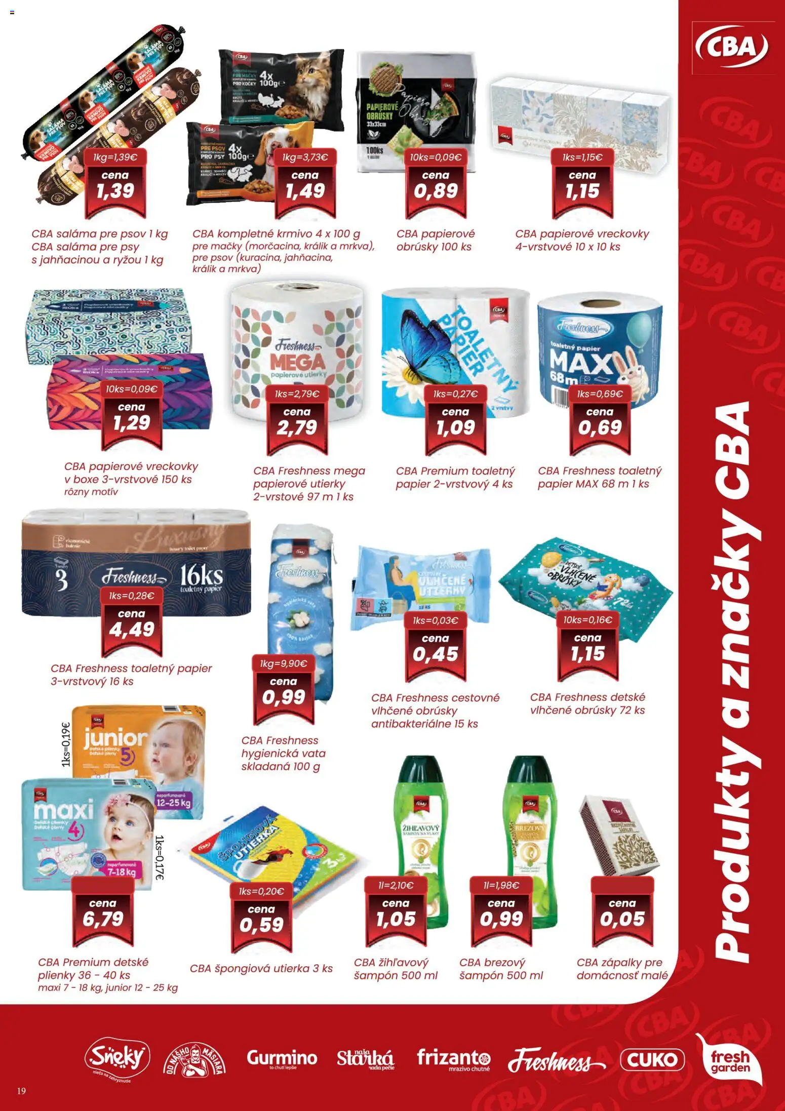 Nové CBA Verex akcie – leták je platný od 05.03.2026 | Strana: 19 | Produkty: Saláma, Šampón, Toaletný papier, Mrkva