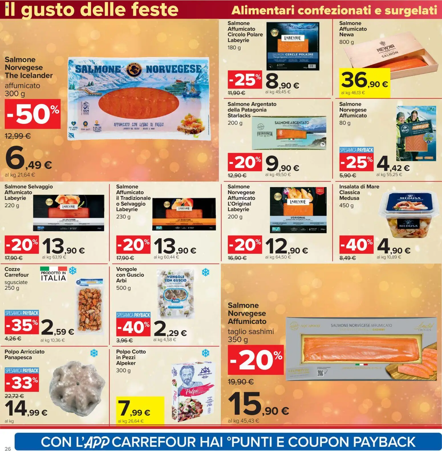 Volantino Carrefour del 16.12.2025 | Pagina: 26 | Prodotti: Salmone affumicato, Salmone, Vongole, The