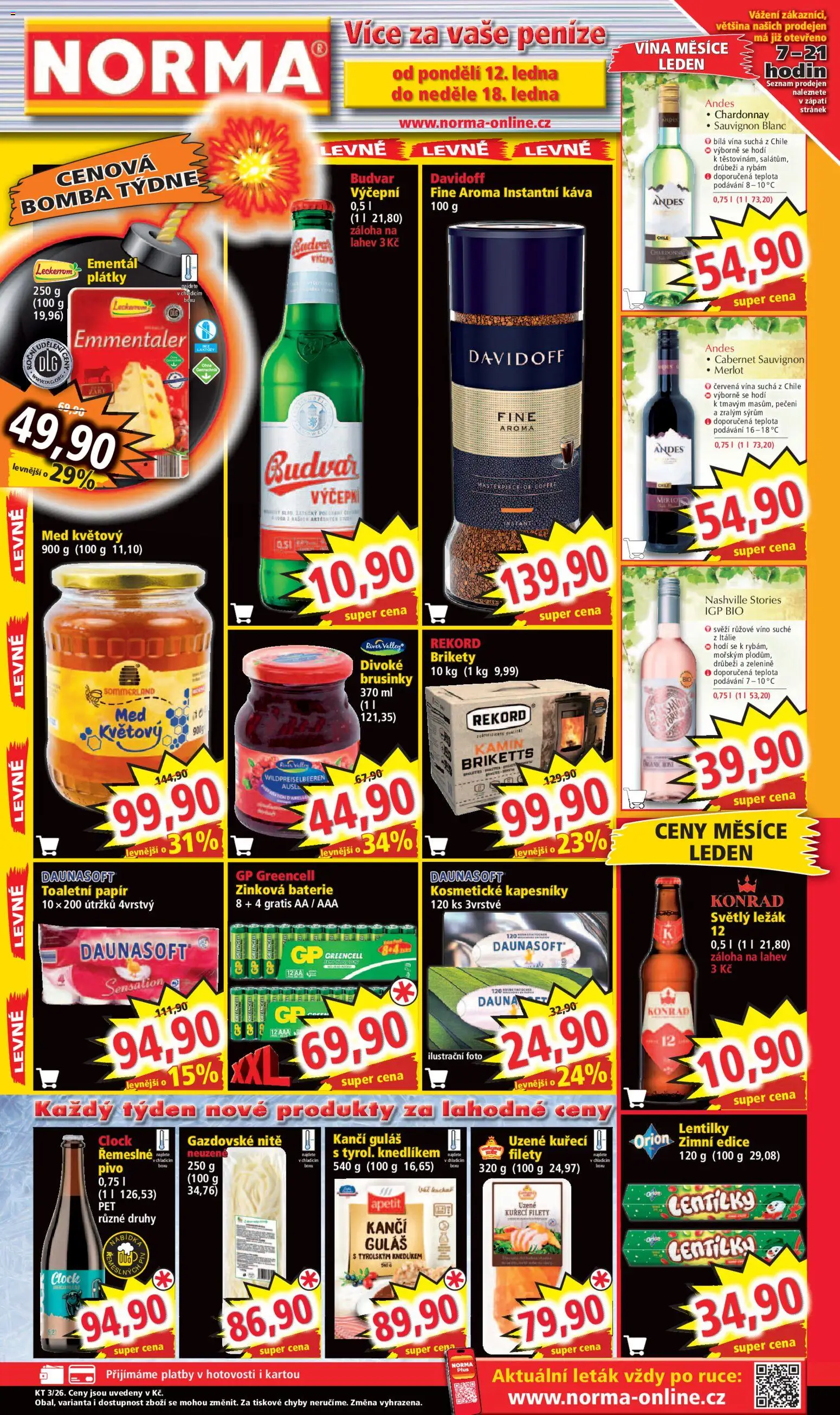 Norma leták od 12.01.2026 | Strana: 1 | Produkty: Ementál, Guláš, Baterie, Lentilky