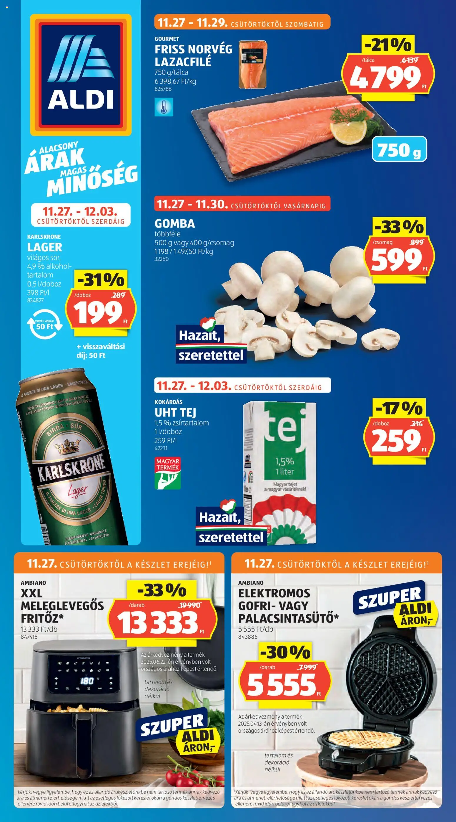 Aldi akciós ujság - amely érvényes a következő dátumtól: 27.11.2025 | Oldal: 1 | Termékek: Alkohol, Gomba, Tej, Dekoráció