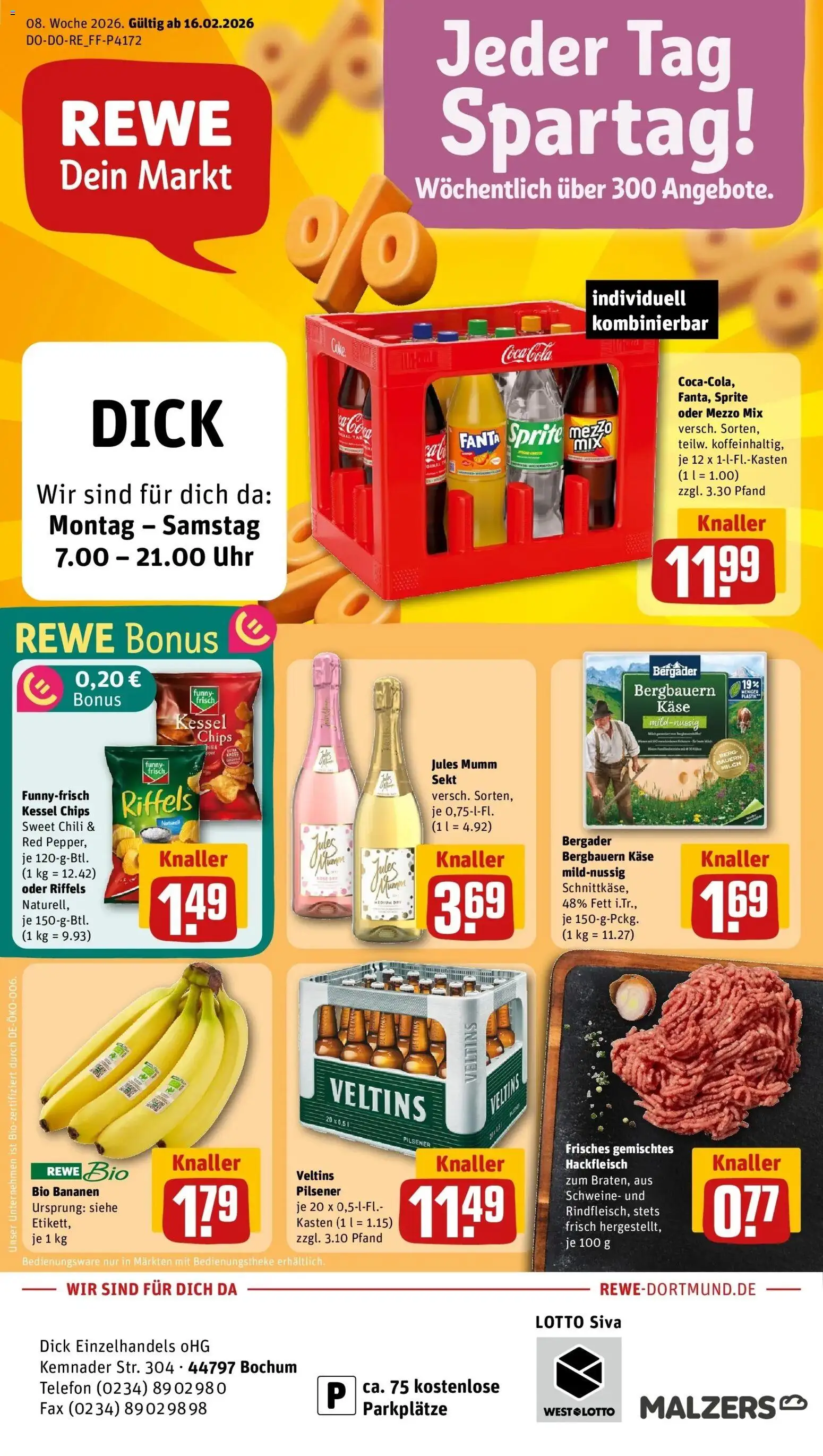 Rewe prospekt Bochum	 – gültig ab 16.02.2026 | Seite: 1 | Produkte: Bananen, Jules mumm, Telefon, Hackfleisch