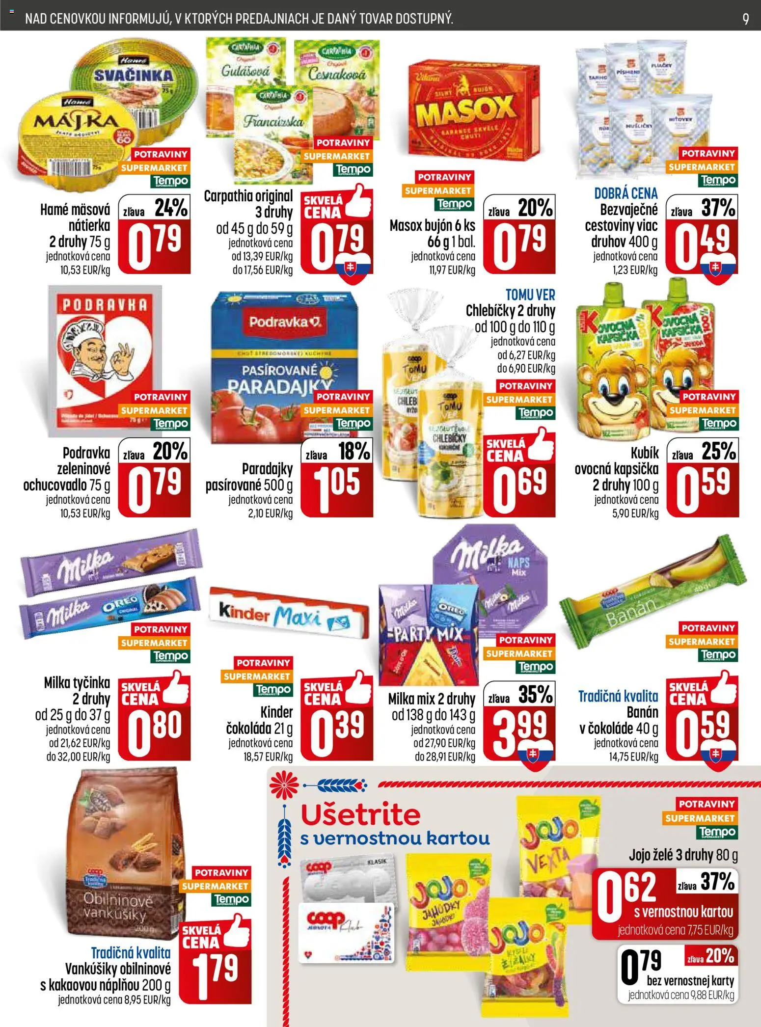 Nové COOP Jednota akcie – leták je platný od 09.04.2026 | Strana: 9 | Produkty: Masox, Paradajky, Cestoviny, Milka