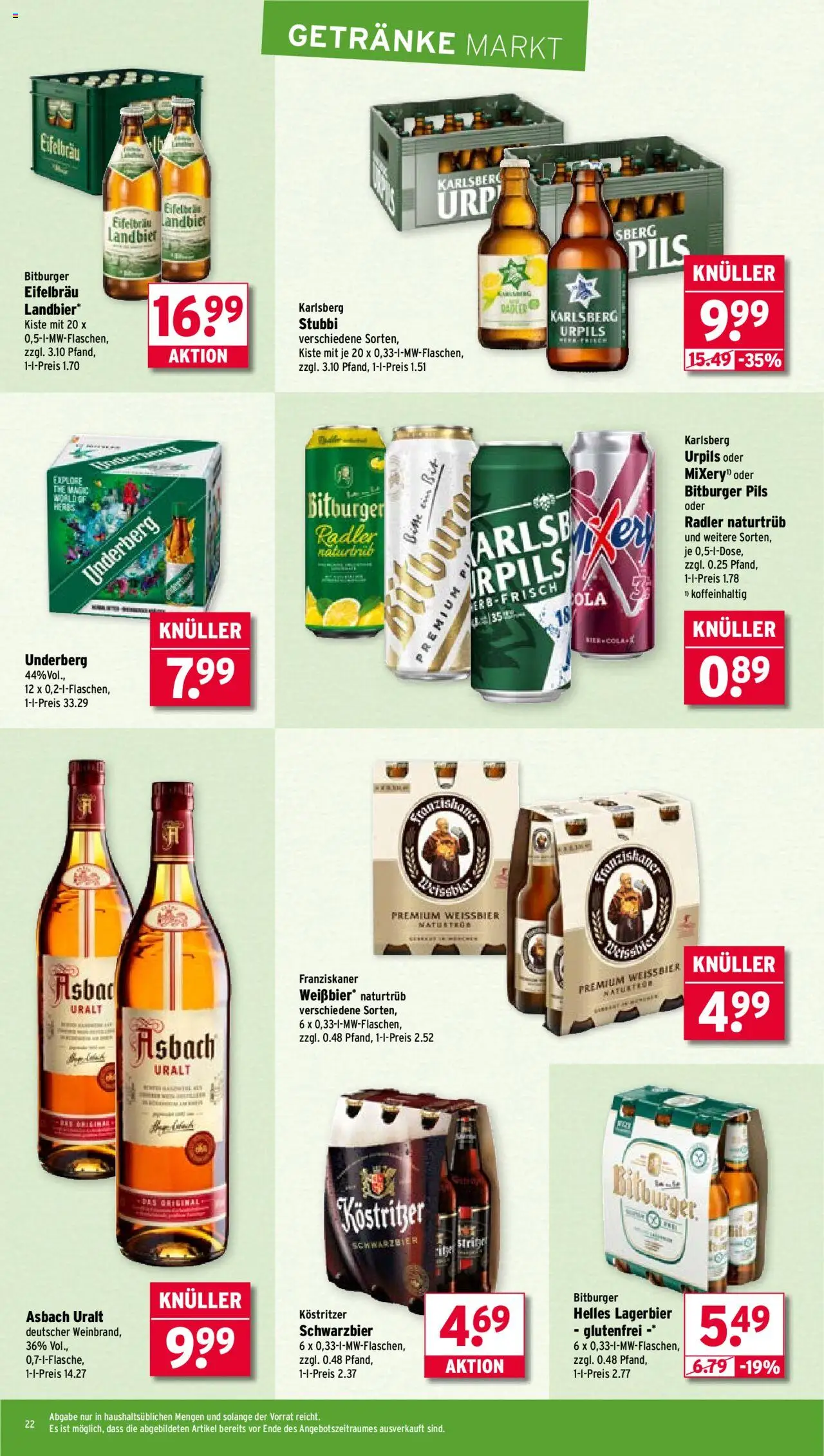 Wasgau Prospekt 	 – gültig ab 22.09.2025 | Seite: 22 | Produkte: Bitburger, Franziskaner, Weißbier, Underberg
