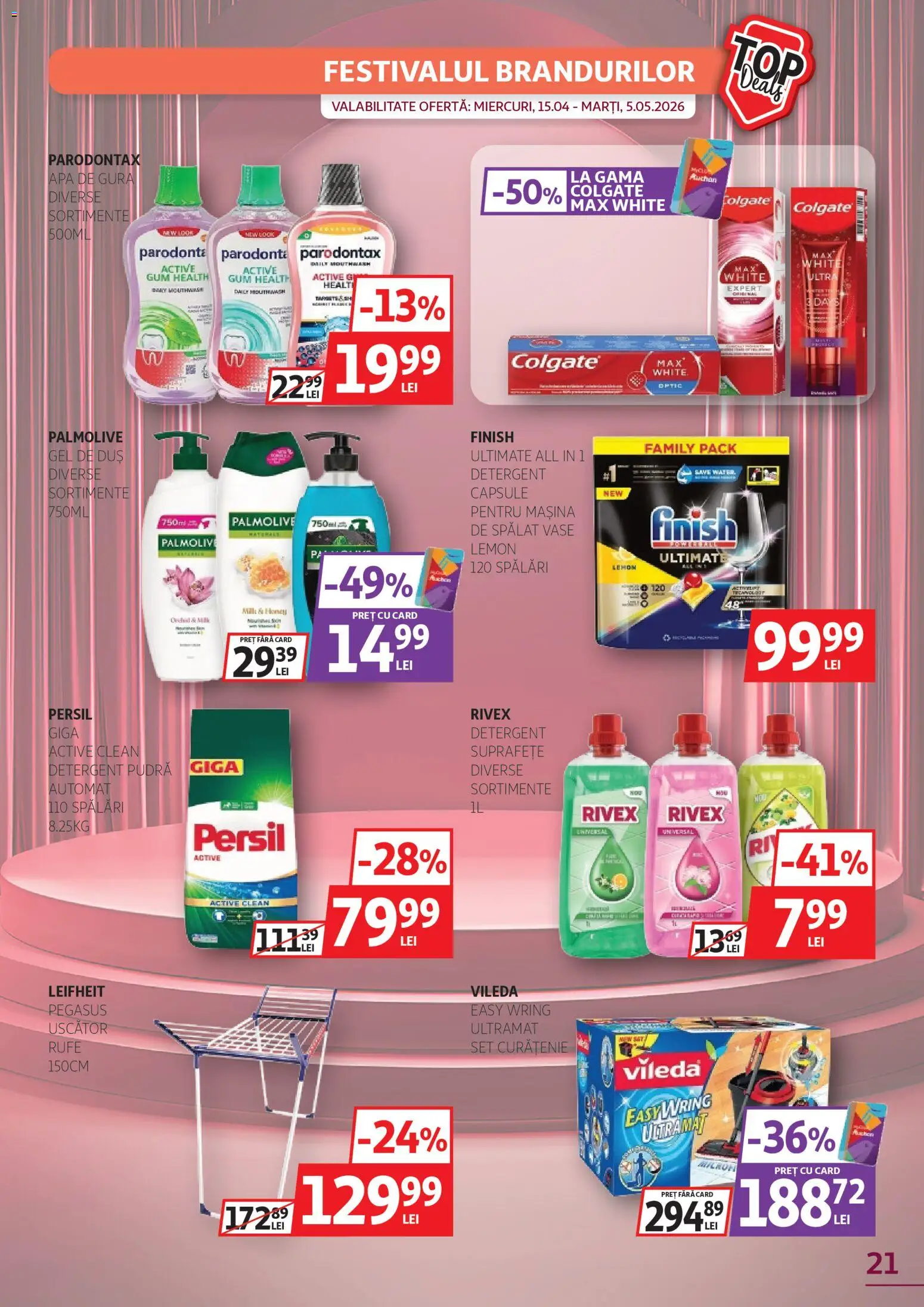Noul catalog Auchan – valabil de la 22.04.2026 | Pagină: 21 | Produse: Duș, Gel de duș, Apă de gură, Detergent