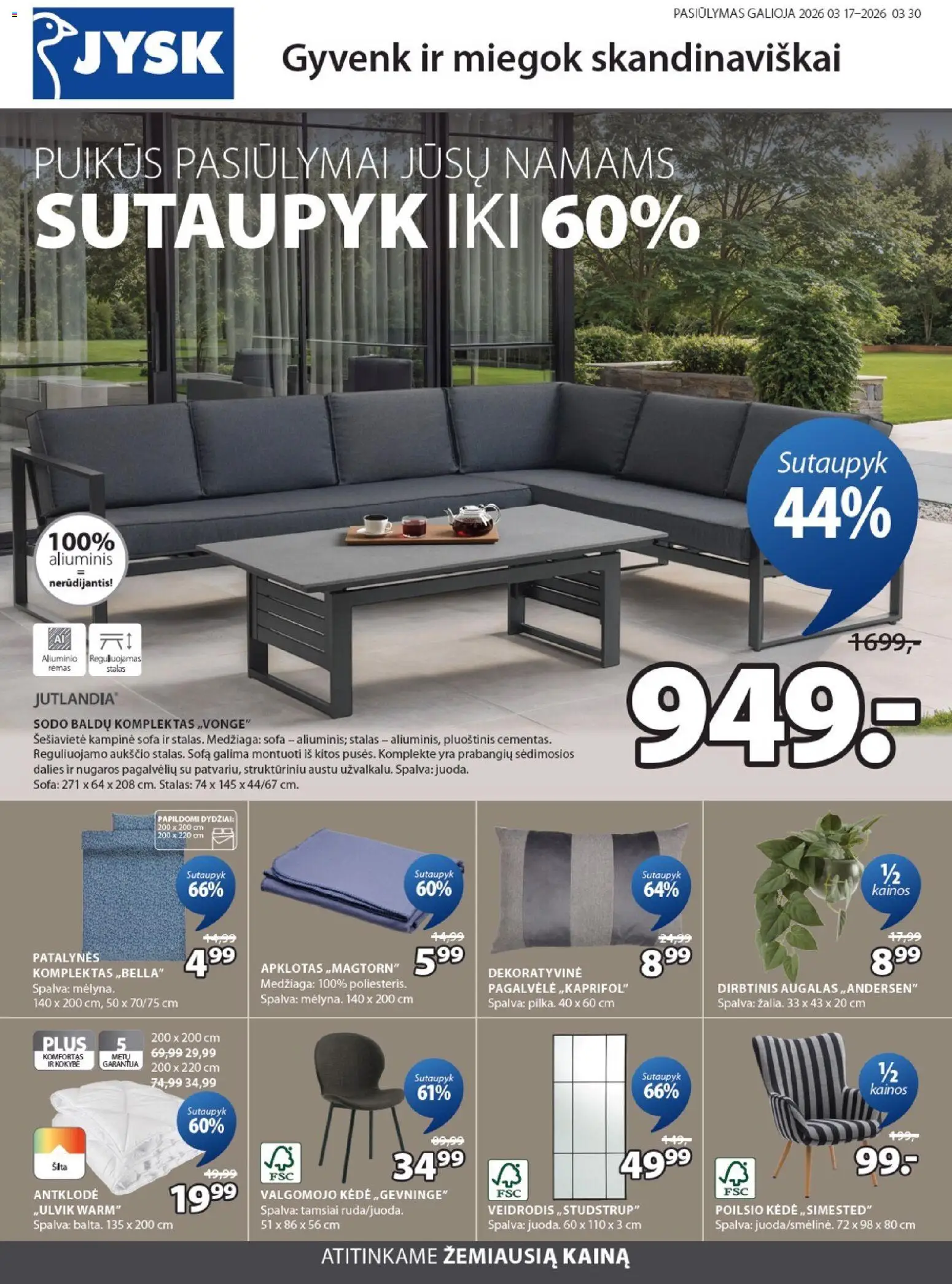 JYSK akcijos nuo 17.03.2026 | Puslapis: 1 | Prekių: Pagalvėlė, Antklodė, Sofa, Stalas