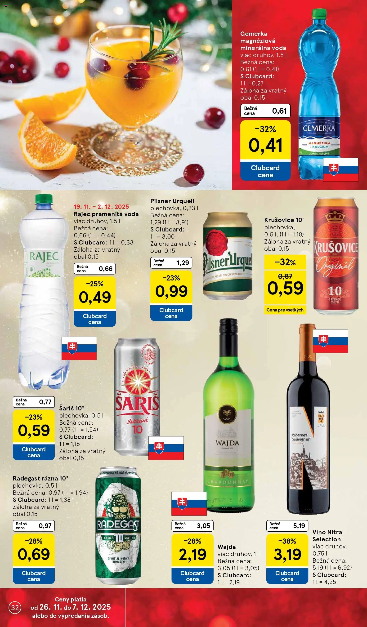 Nové Tesco akcie – leták je platný od 26.11.2025 | Strana: 32 | Produkty: Pilsner Urquell, Rajec, Minerálna voda, Gemerka