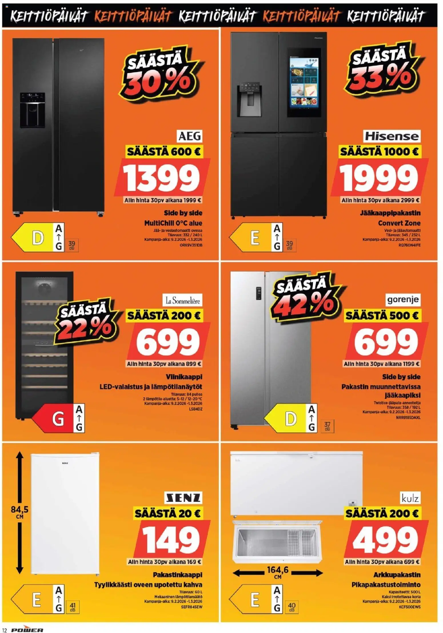 Power tarjoukset – voimassa 23.03.2026 alkaen | Sivu: 12 | Tuotteet: Pakastin, Viinikaappi, Jääkaappipakastin, Pakastinkaappi