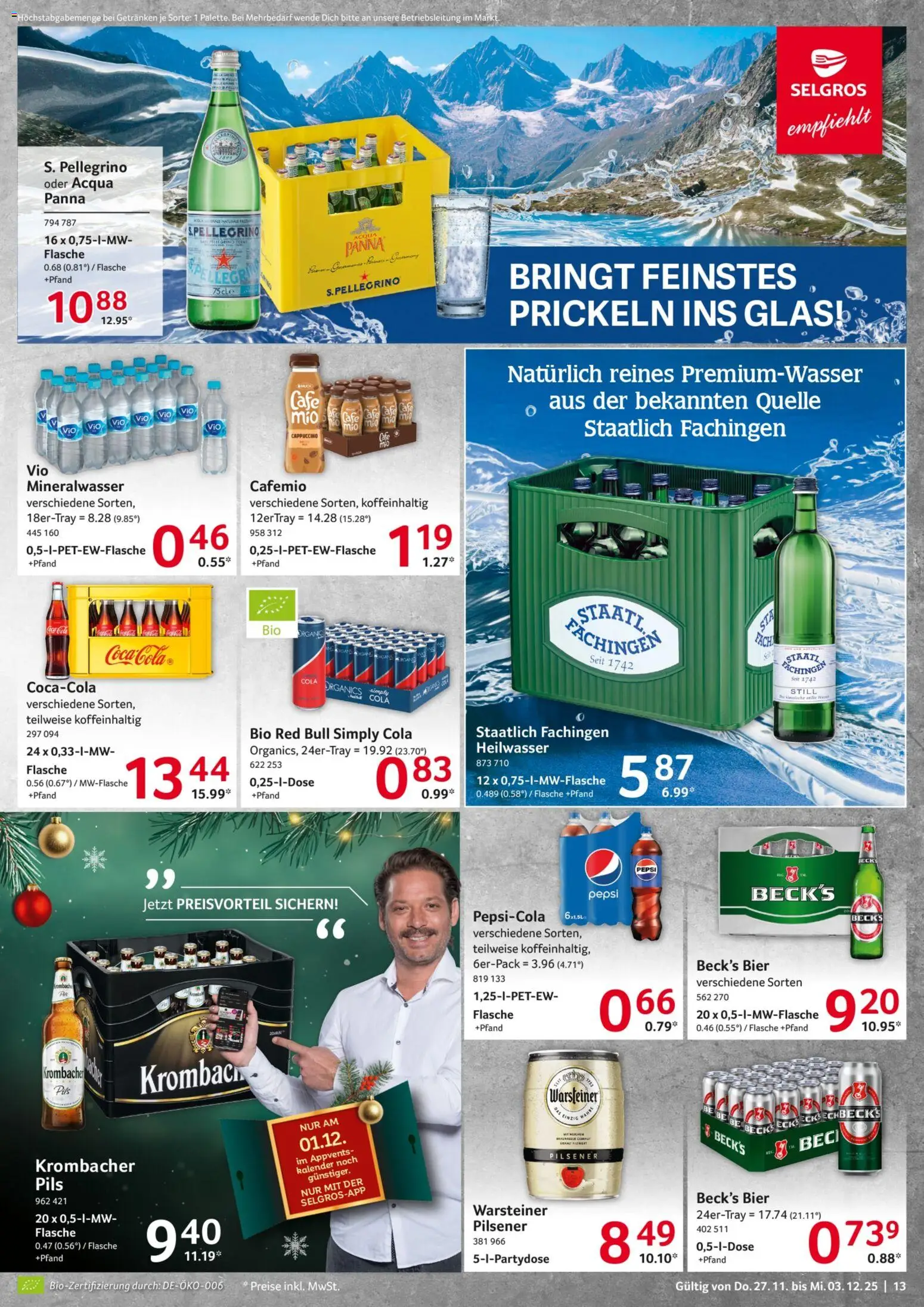 Selgros Prospekt 	 – gültig ab 27.11.2025 | Seite: 13 | Produkte: Coca cola, Bier, Mineralwasser, Warsteiner