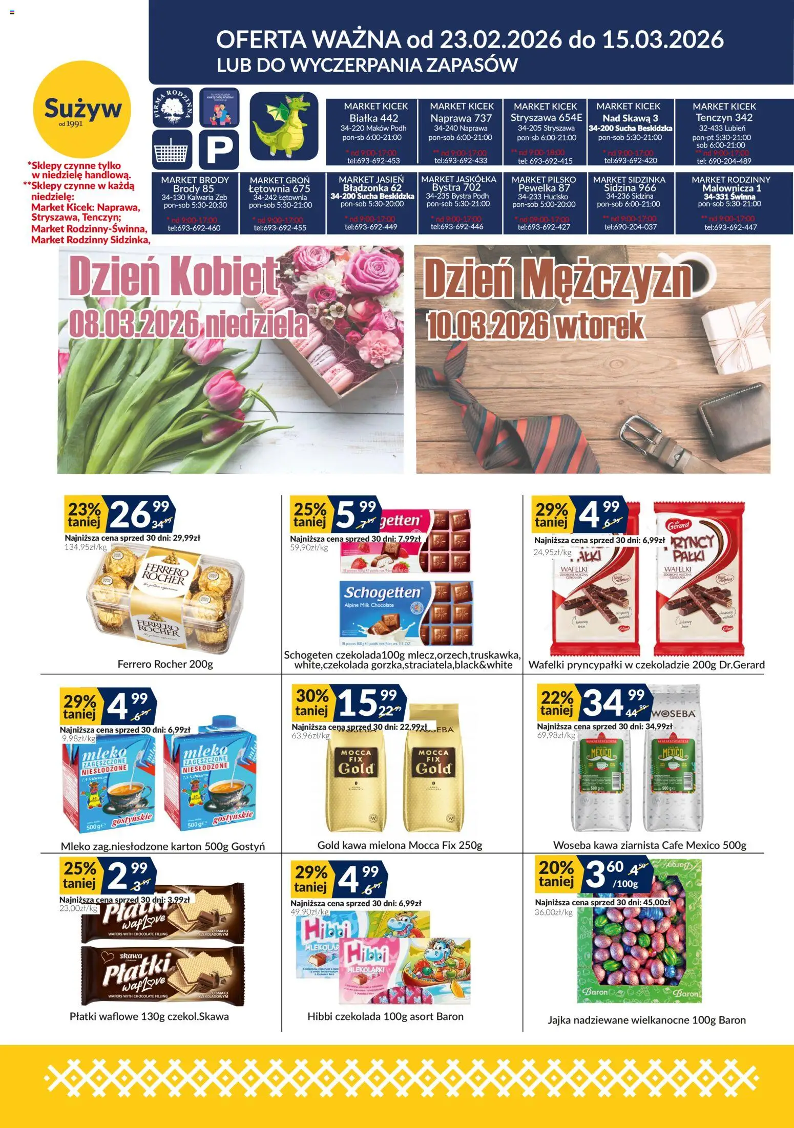 Sużyw Gazetka od 23.02.2026 | Strona: 1 | Produkty: Kawa ziarnista, Wafelki, Mleko, Czekolada