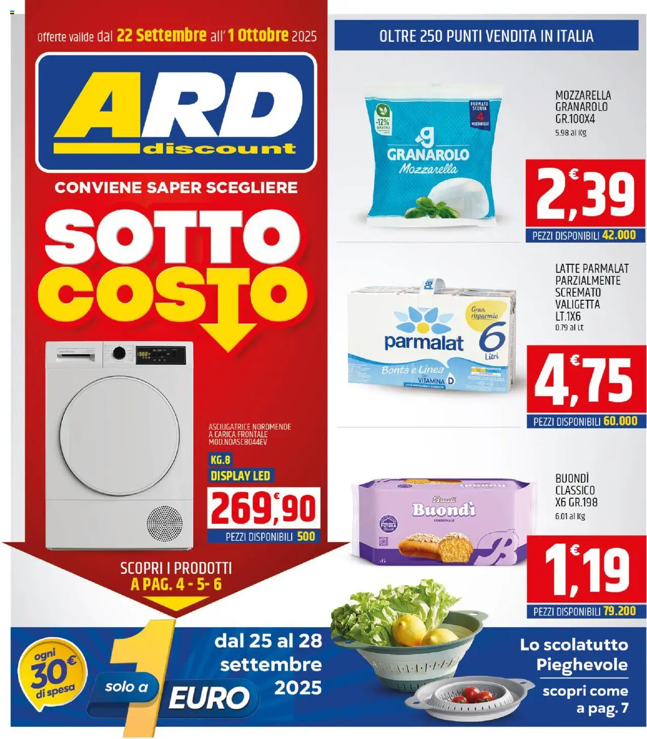 Volantino ARD Discount del 22.09.2025 | Pagina: 1 | Prodotti: Mozzarella, Latte, Asciugatrice, Valigetta