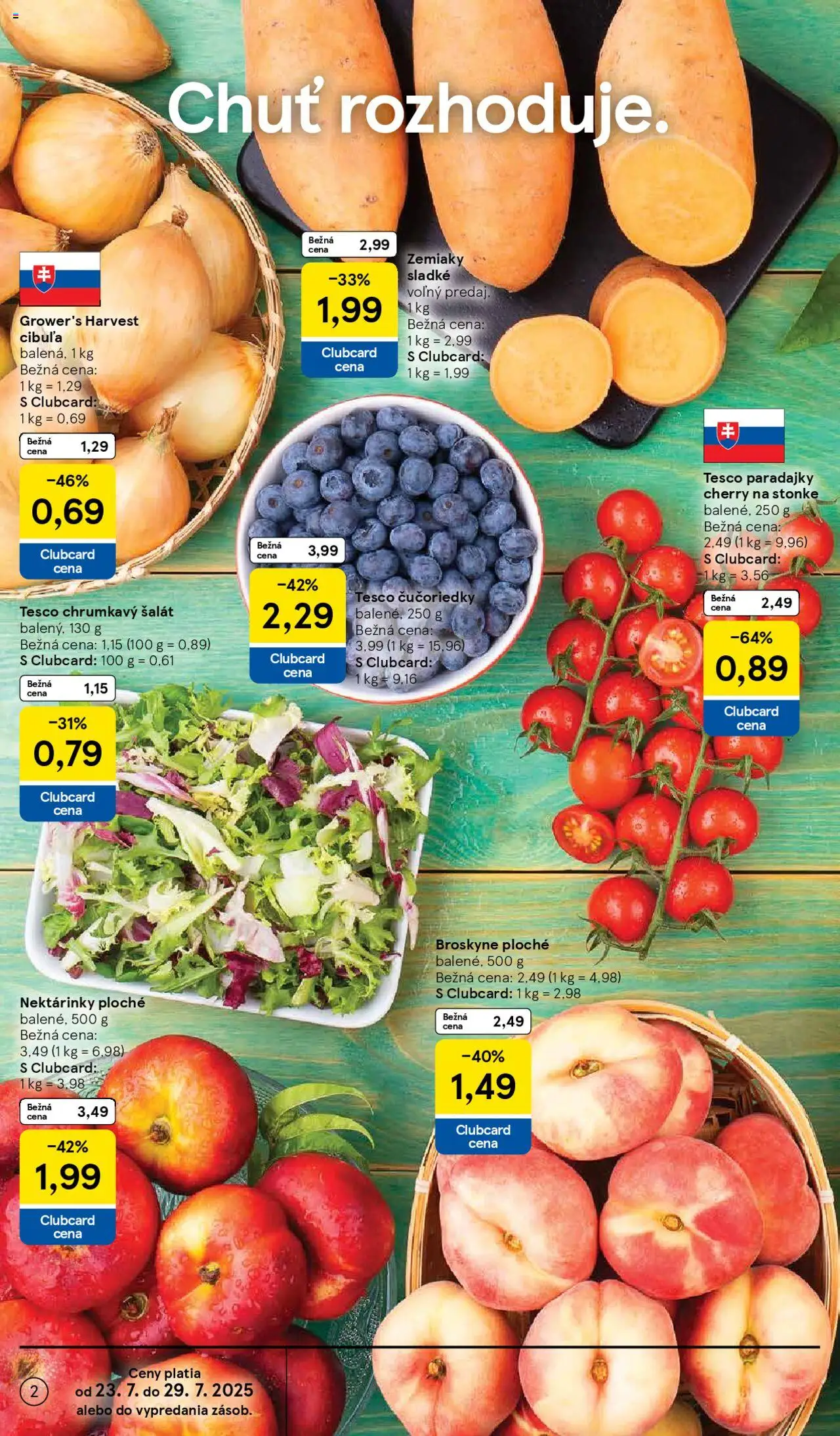 Tesco Hypermarket - leták │ platný od 23.07.2025 | Strana: 2 | Produkty: Paradajky, Čučoriedky, Šalát, Broskyne