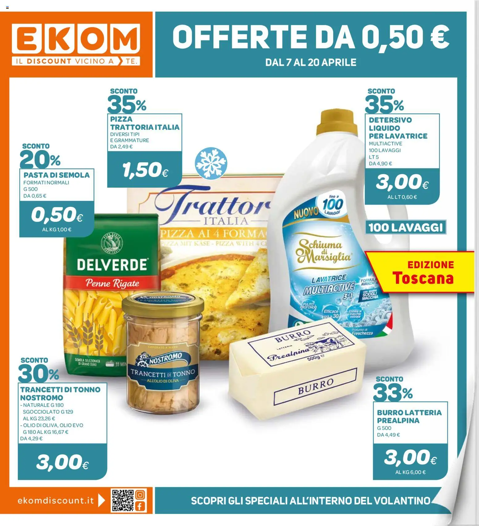 Volantino Ekom del 07.04.2026 | Pagina: 1 | Prodotti: Pizza, Olio, Pasta, Lavatrice
