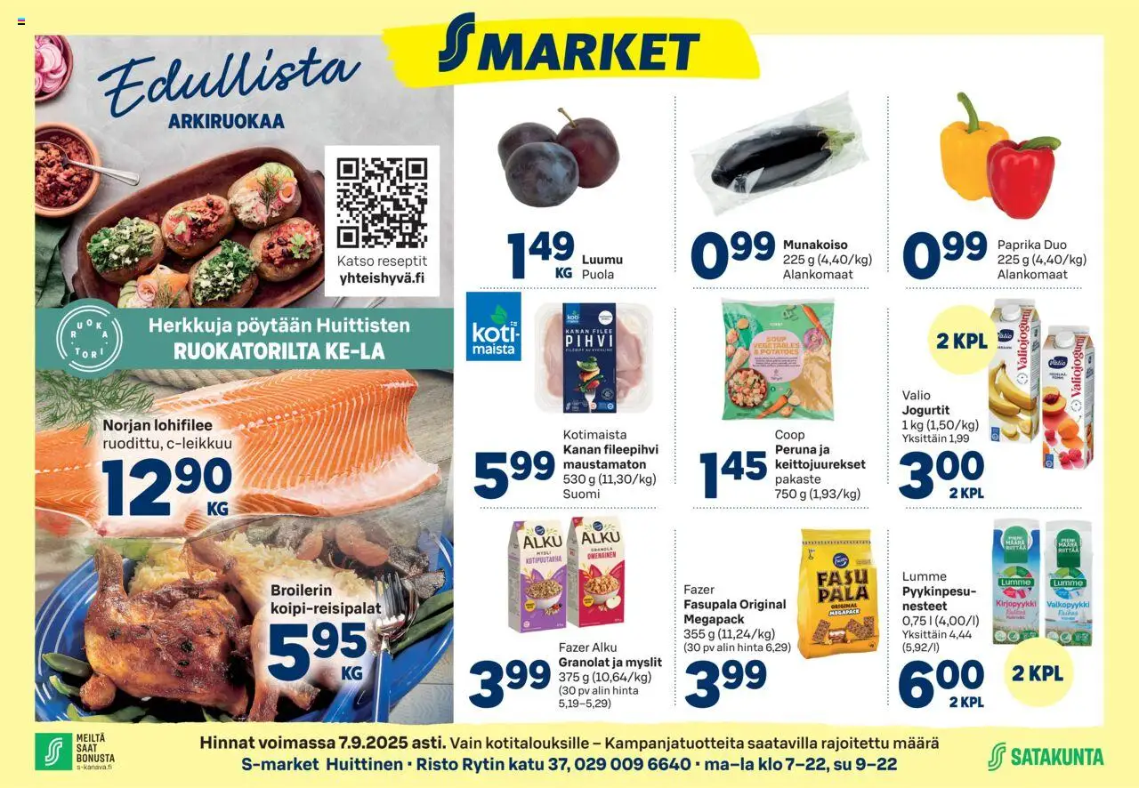 S-market Huittinen – voimassa 03.09.2025 alkaen | Sivu: 1 | Tuotteet: Luumu, Paprika, Peruna, Granola