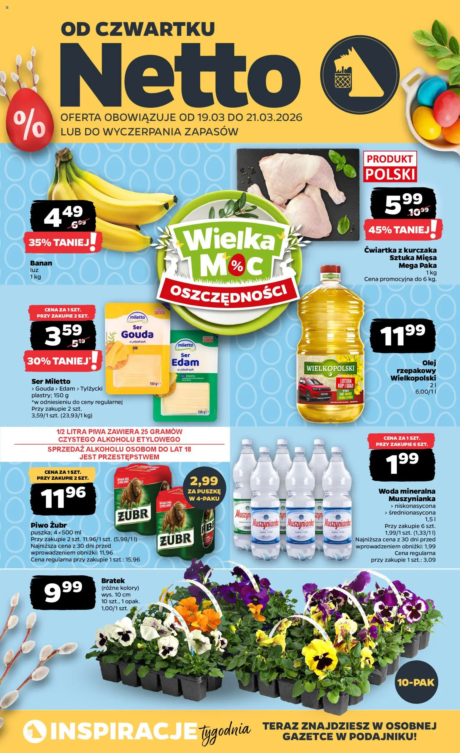Netto gazetka od czwartku spożywcza od 19.03.2026 | Strona: 1 | Produkty: Piwo żubr, Ser, Piwo, Ćwiartka z kurczaka