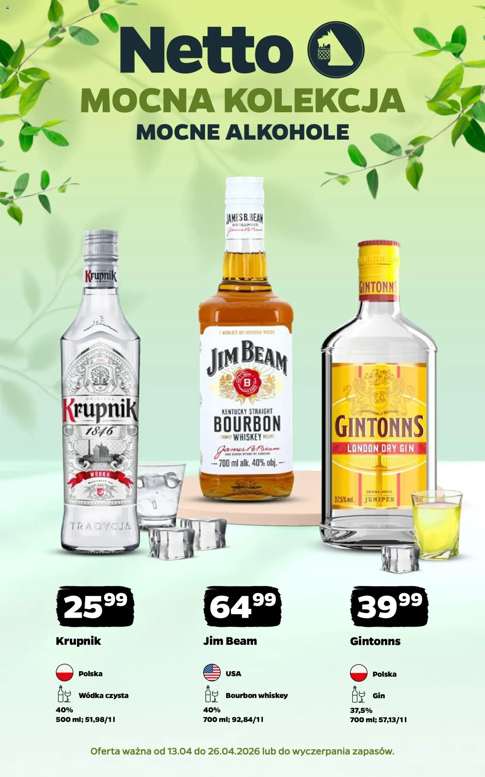 Netto gazetka - Alkohole mocne od 13.04.2026 | Strona: 1 | Produkty: Bourbon, Jim Beam, Gin, Wódka
