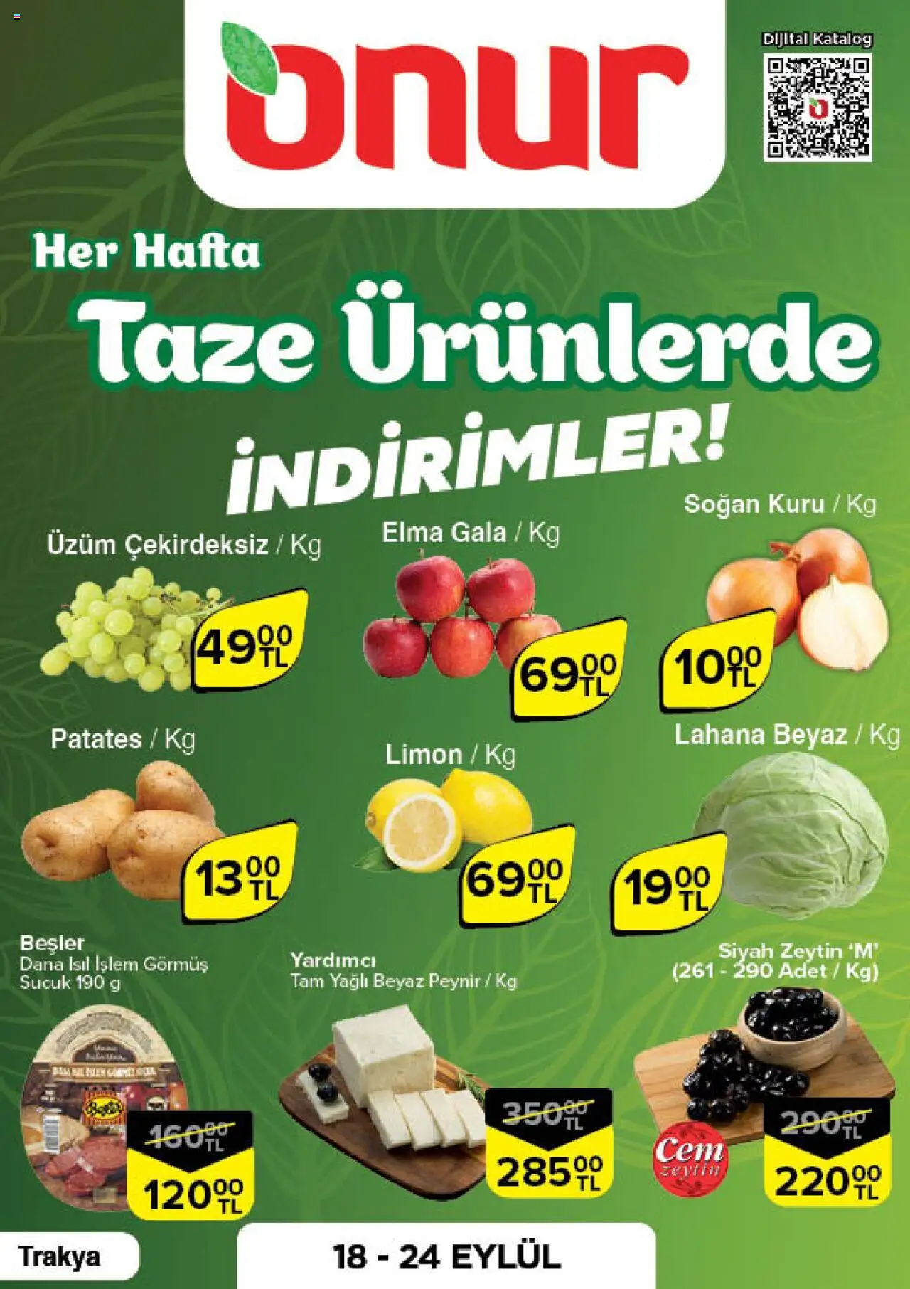 Onur Market Katalog Taze Ürünlerde İndirimler - Trakya - 18.09.2025 tarihinden itibaren geçerlidir | Sayfa: 1 | Ürünler: Peynir, Patates, Soğan, Zeytin