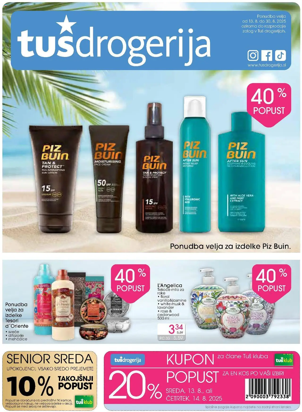 Tuš drogerija katalog │ velja od 13.08.2025 | Stran: 1 | Izdelki: Tekoče milo, Kos, Milo, Svece