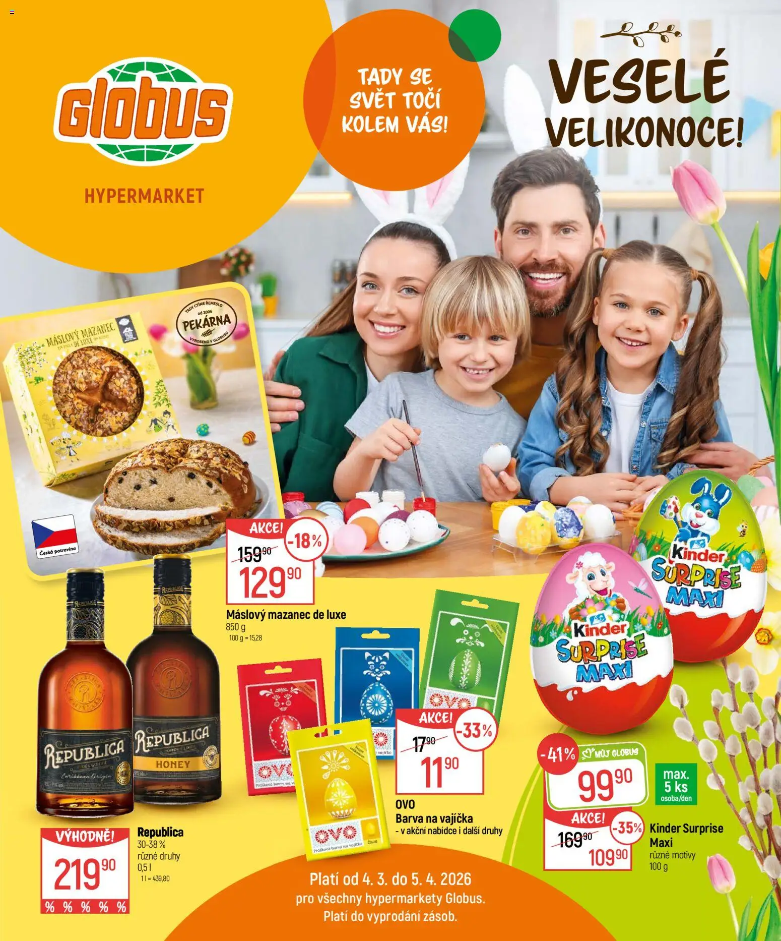 Globus leták - Velikonoce od 04.03.2026 | Strana: 1 | Produkty: Vajíčka, Pekárna, Republica, Kinder